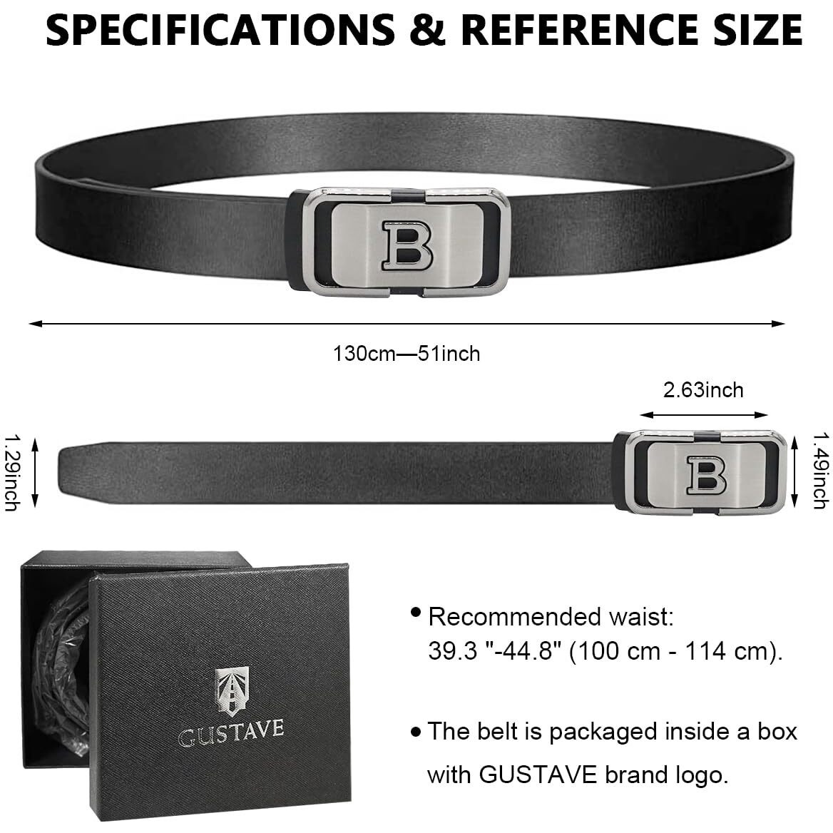 Gustave Men's Leather Belt Adjustable Auto Lock Buckle Belt For Men (Black E)