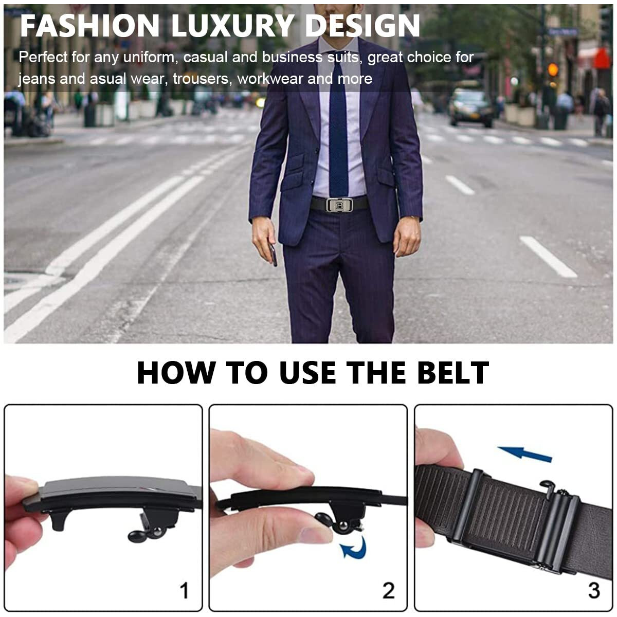 Gustave Men's Leather Belt Adjustable Auto Lock Buckle Belt For Men (Black E)