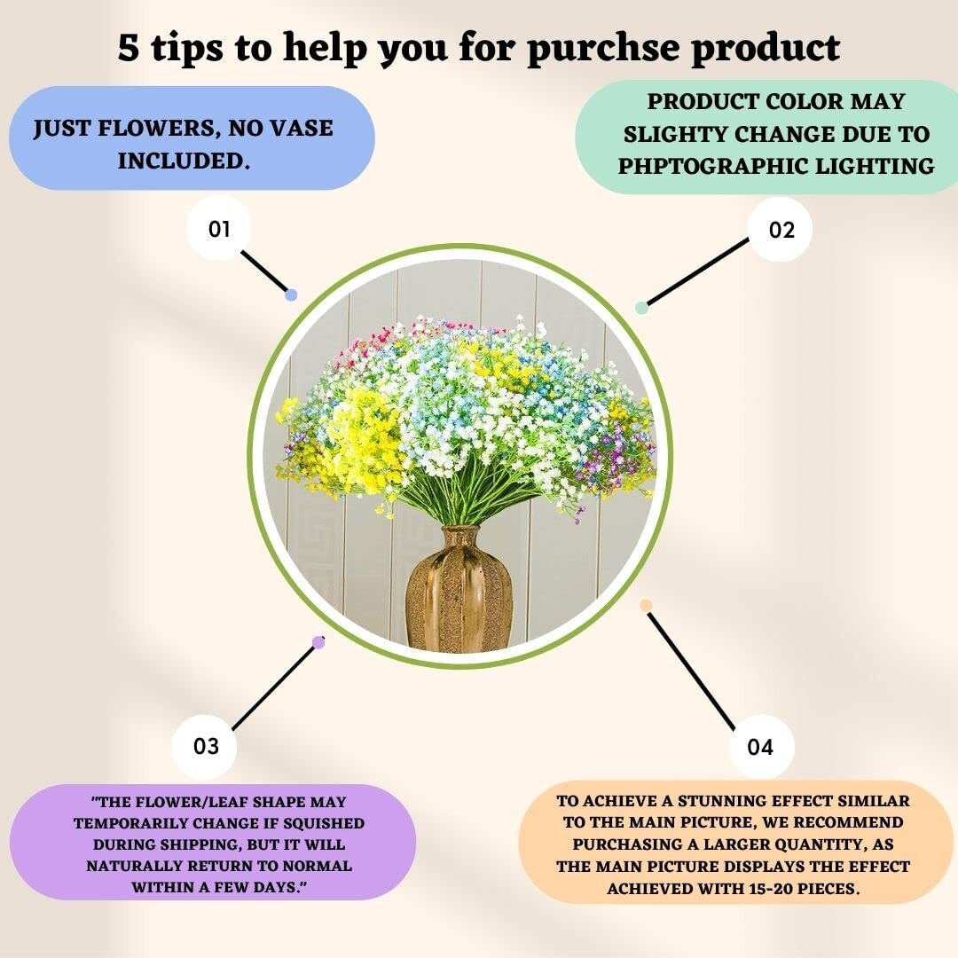 Satyam Kraft 5 Pcs Babys Breath Flowers Artificial Gypsophila Bouquets, Home Decor, Bedroom, Garden, Balcony, Living Room, Wedding, Valentines Day Decoration(Without Vase)(15 Cm X 36Cm)(Multi)
