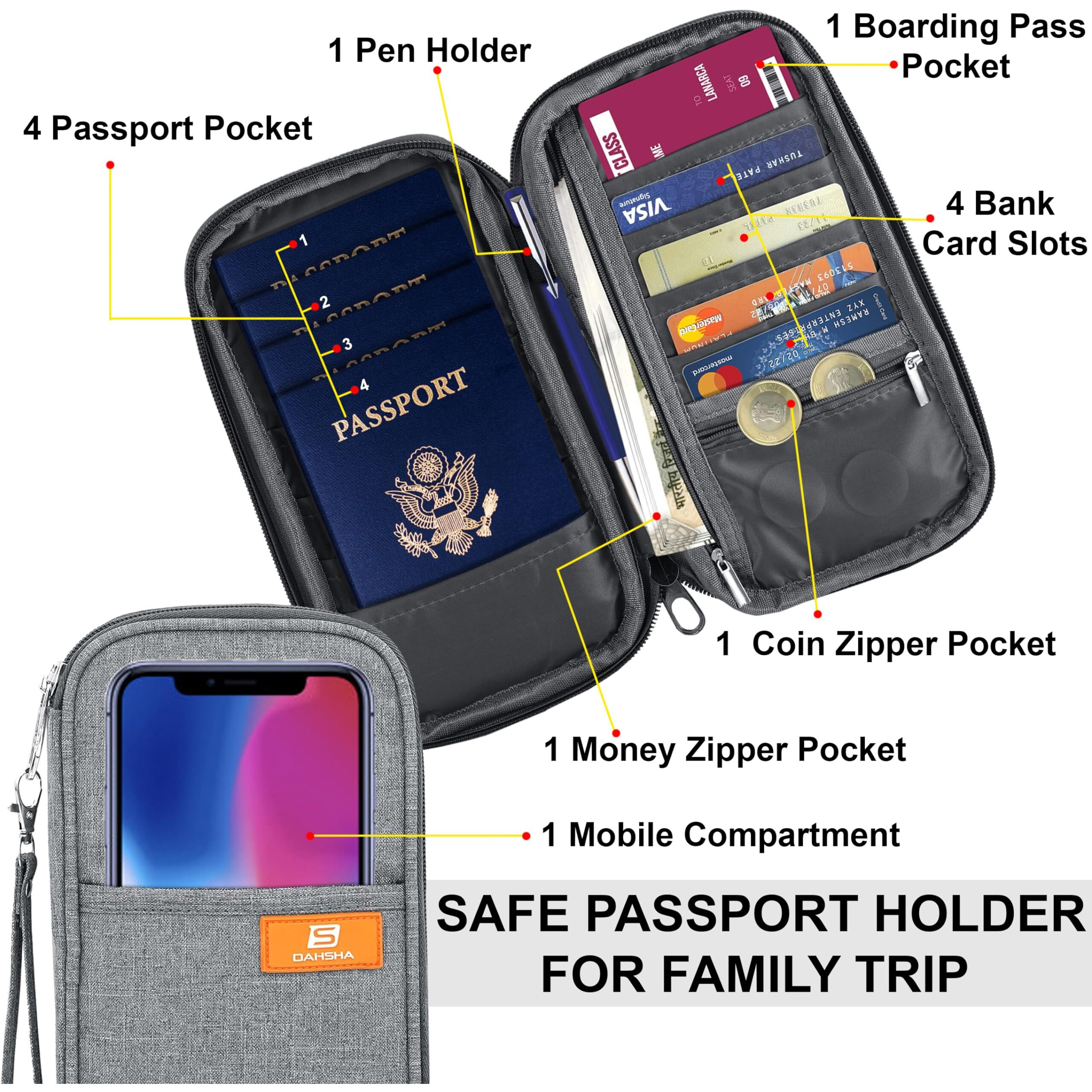 Dahsha 2 Pack Travel Family Passport Holder Card Holder Wallet Travel Accessories Document Organizer, Passport Cover, With Removable Hand Strap For Men And Women (Grey, 13 X 3 X 23 Cm)