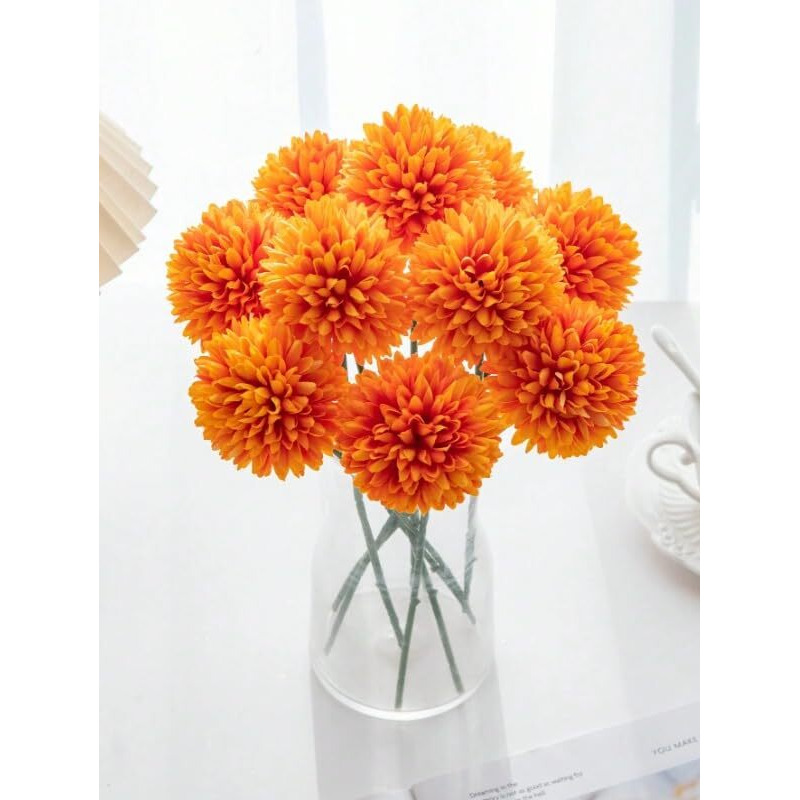 Satyam Kraft Pcs Artificial Chrysanthemum Hydrangea Ball Flower Sticks For Home, Office, Bedroom, Balcony, Living Room, Wedding & Craft Decoration (Fabric, Without Vase) (5, Orange)