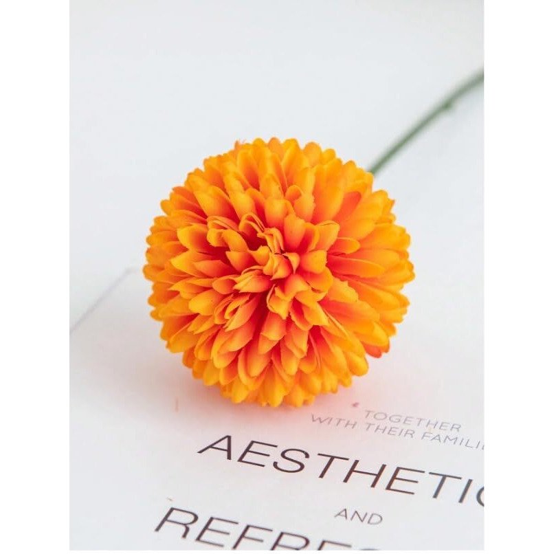 Satyam Kraft Pcs Artificial Chrysanthemum Hydrangea Ball Flower Sticks For Home, Office, Bedroom, Balcony, Living Room, Wedding & Craft Decoration (Fabric, Without Vase) (5, Orange)