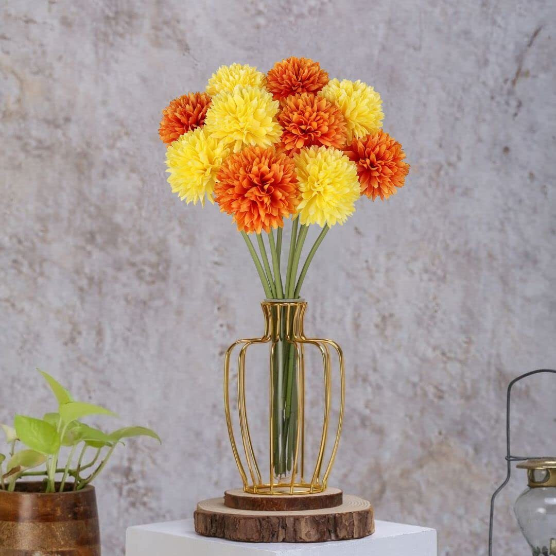 Satyam Kraft Pcs Artificial Chrysanthemum Hydrangea Ball Flower Sticks For Home, Office, Bedroom, Balcony, Living Room, Wedding & Craft Decoration (Fabric, Without Vase) (5, Yellow And Orange)
