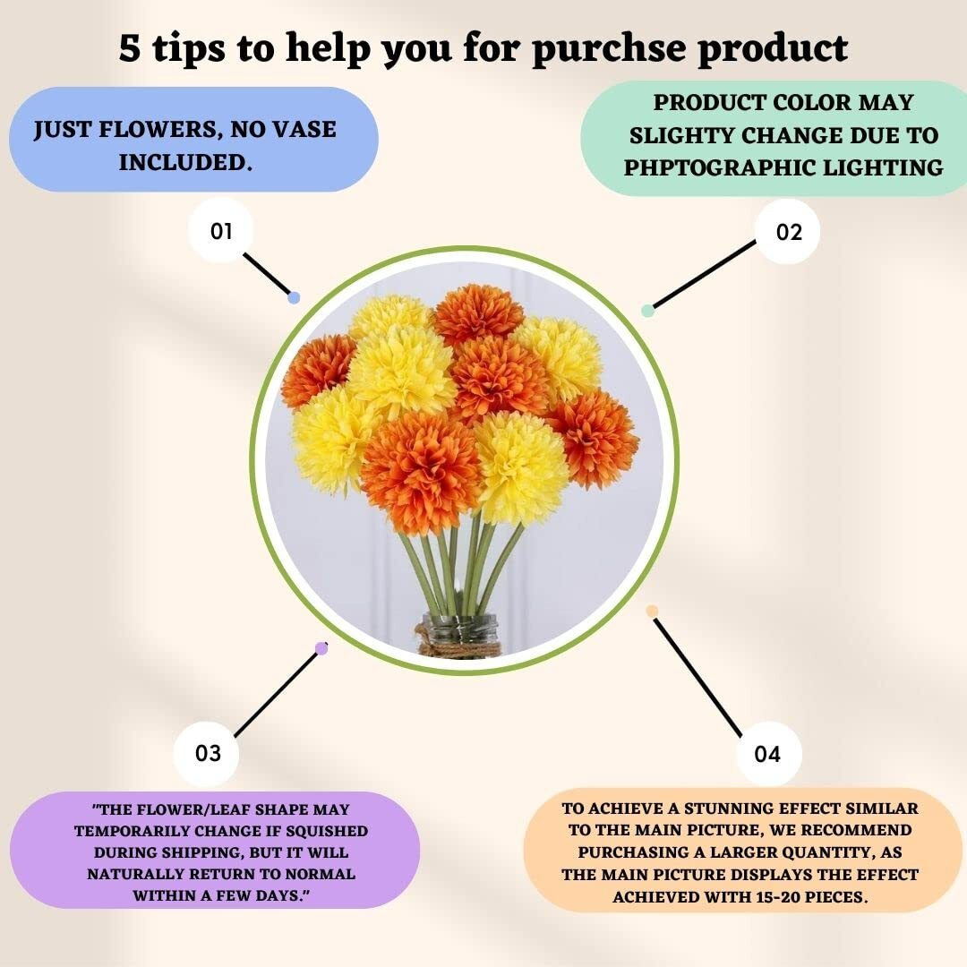 Satyam Kraft Pcs Artificial Chrysanthemum Hydrangea Ball Flower Sticks For Home, Office, Bedroom, Balcony, Living Room, Wedding & Craft Decoration (Fabric, Without Vase) (5, Yellow And Orange)