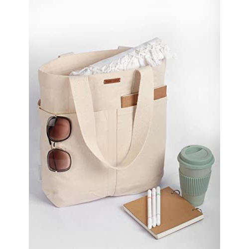 Harry Kritz Womens Vertical Stylish 5 Pocket Tote Bag 100% Organic Cotton Canvas Tote For College & Daily Use, Beige