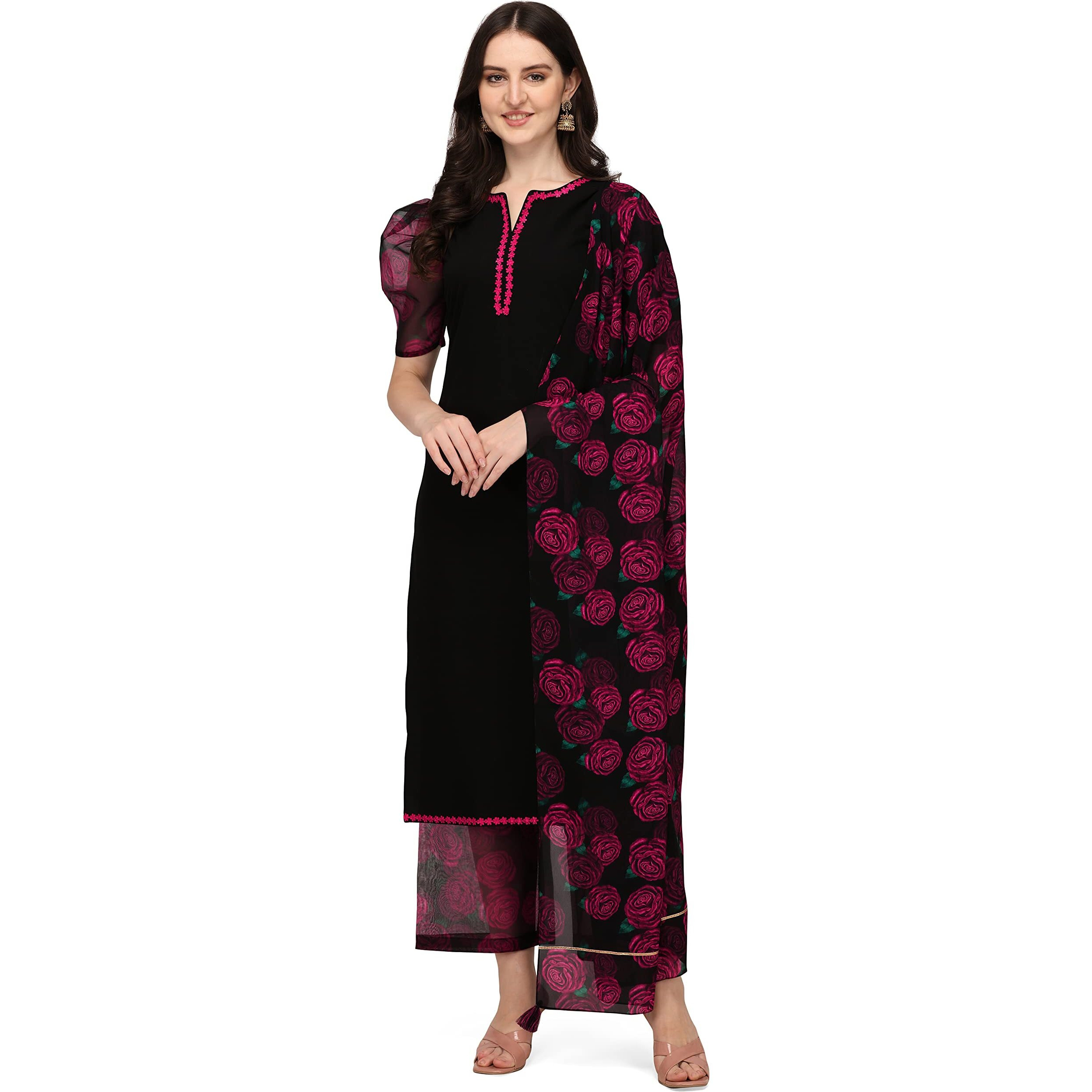 Fiorra Women's Black Crepe Straight Kurta With Palazzo And Dupatta Set0052-Xl