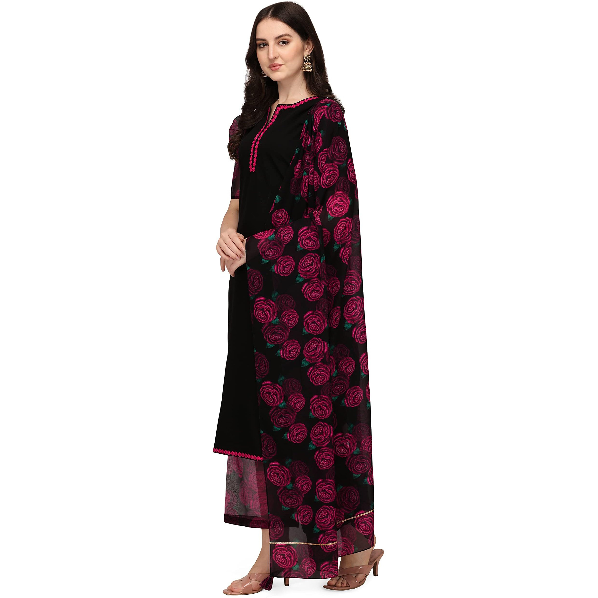 Fiorra Women's Black Crepe Straight Kurta With Palazzo And Dupatta Set0052-Xl