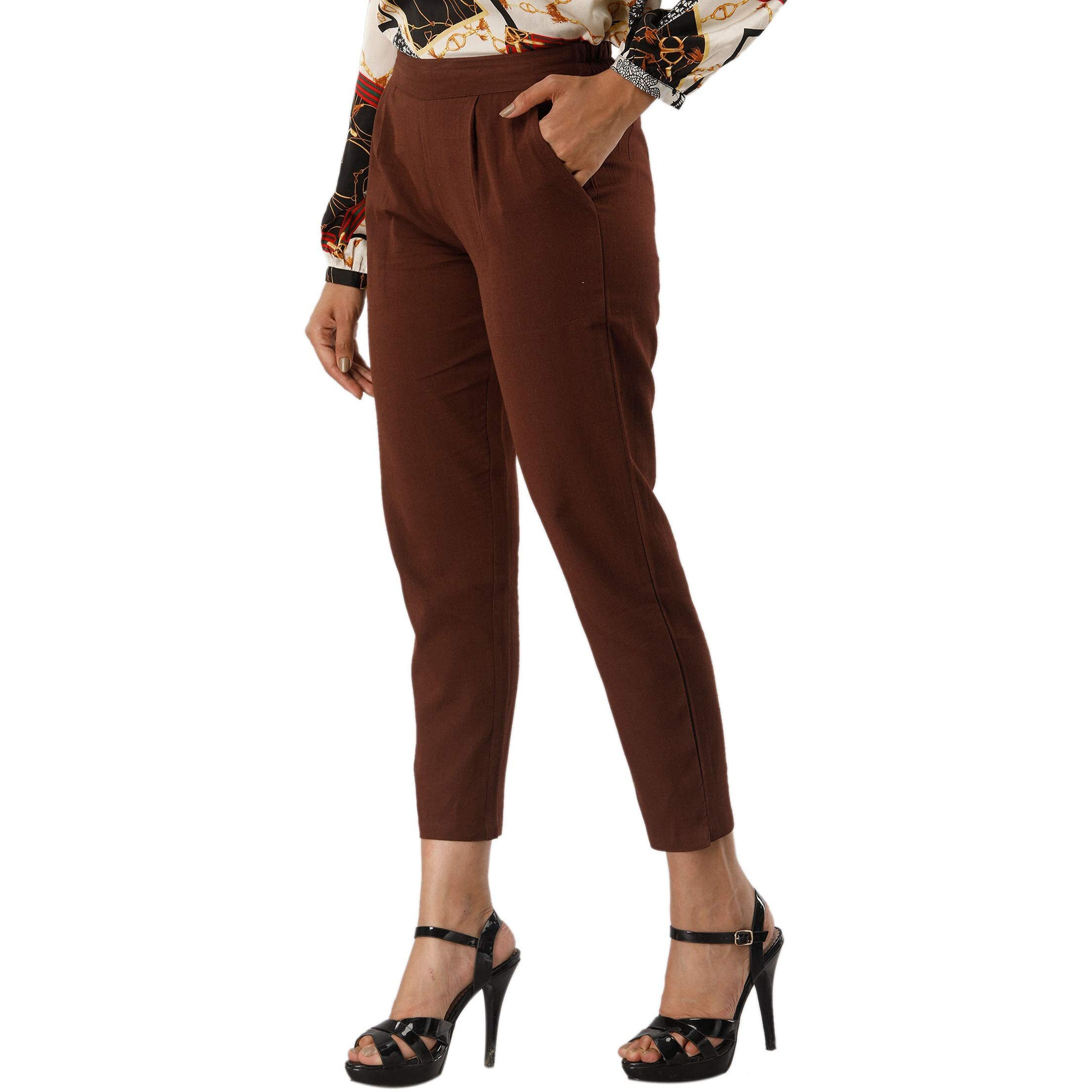 Digital Shopee Women Cotton Trouser Pant Regular Fit For Office School Formal Casual Daily Use Brown
