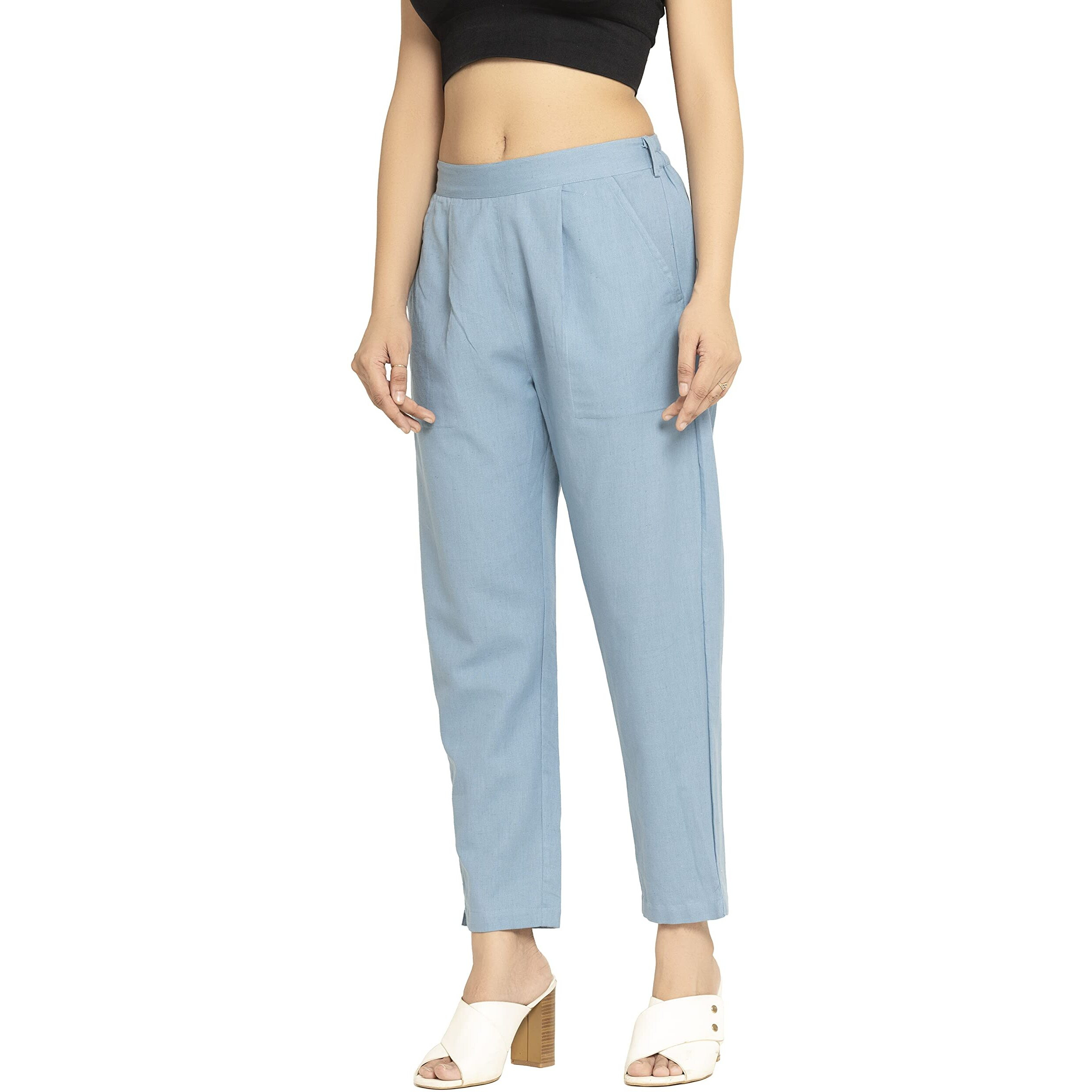 Digital Shopee Women Cotton Trouser Pant Regular Fit For Office School Formal Casual Daily Use Blue
