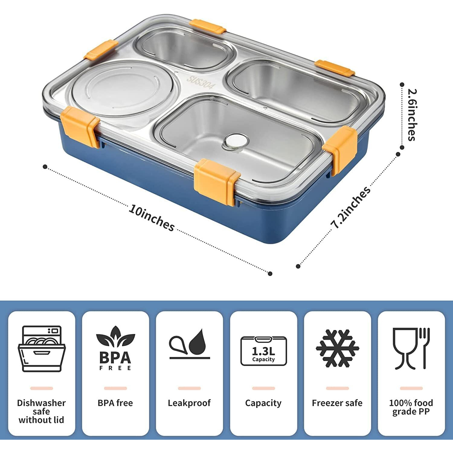 Prime Deals Lunch Box Sealed Leakage Proof Stainless Steel Lunch Box With Fork,Chopstick & Spoon Lid Office Food Container 4 Compartment For School Kids And Adults, 1250Ml (4 Compartment, Blue).