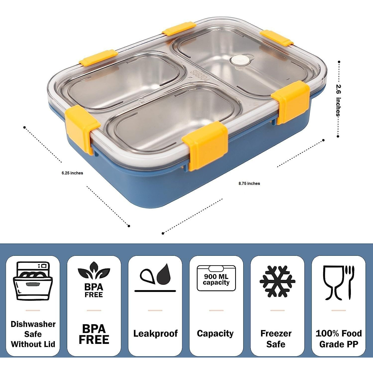 Prime Deals Lunch Box Sealed Leakage Proof Stainless Steel Lunch Box With Fork,Chopstick & Spoon Lid Office Food Container 3 Compartment For School Kids And Adults, 750Ml (3 Compartment, Blue)
