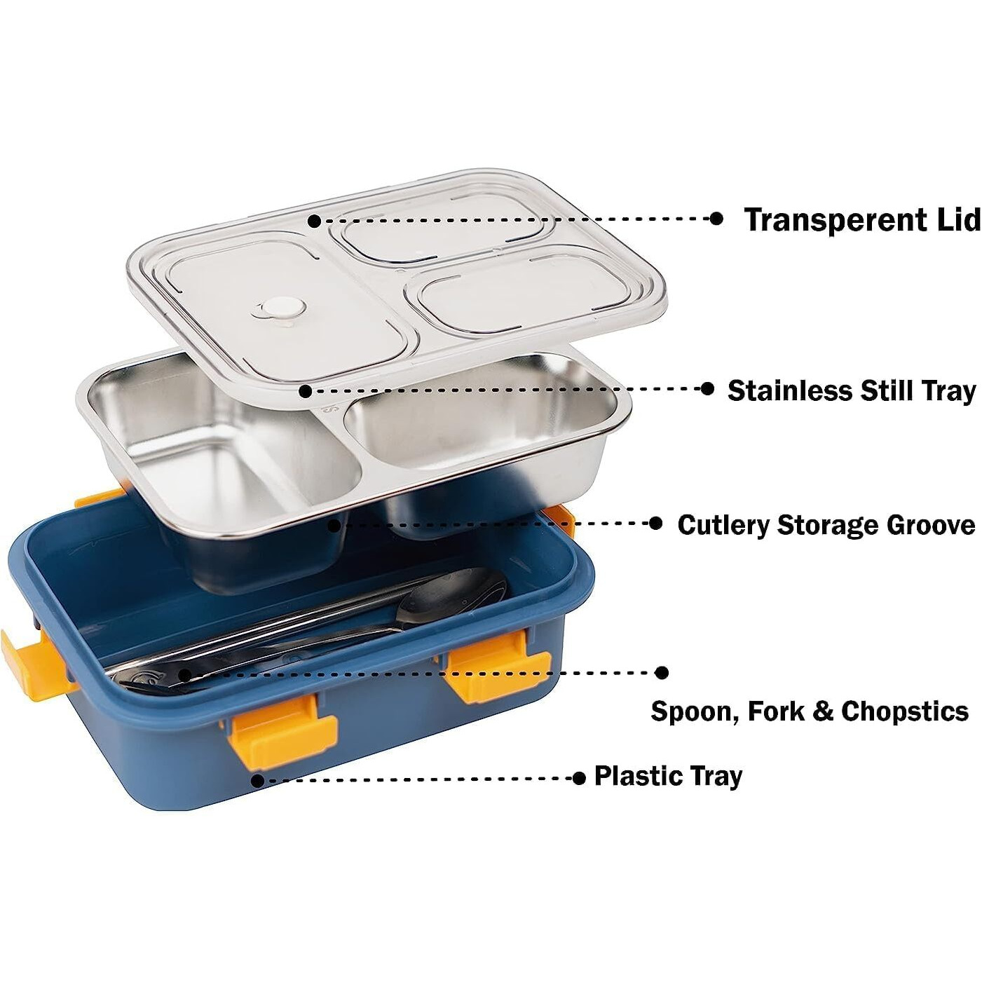 Prime Deals Lunch Box Sealed Leakage Proof Stainless Steel Lunch Box With Fork,Chopstick & Spoon Lid Office Food Container 3 Compartment For School Kids And Adults, 750Ml (3 Compartment, Blue)