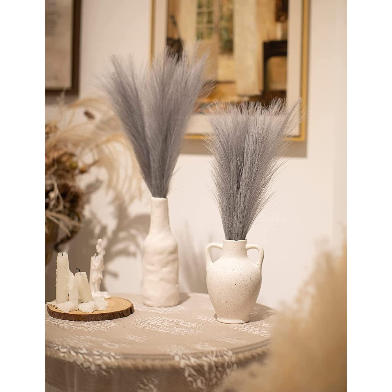 Satyam Kraft 3 Pcs Small Faux Pampas Grass | Fluffy Artificial Flowers For Home, Office, Bedroom, Wedding & Festival Dcor (Grey , Without Vase/Pot)