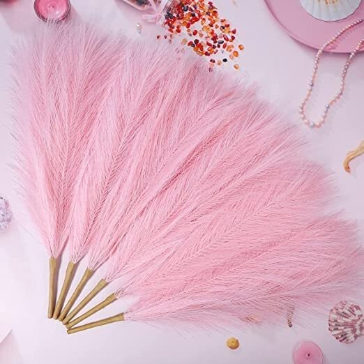 Satyam Kraft 3 Pcs Small Faux Pampas Grass | Fluffy Artificial Flowers For Home, Office, Bedroom, Wedding & Festival Dcor (Pink , Without Vase/Pot)