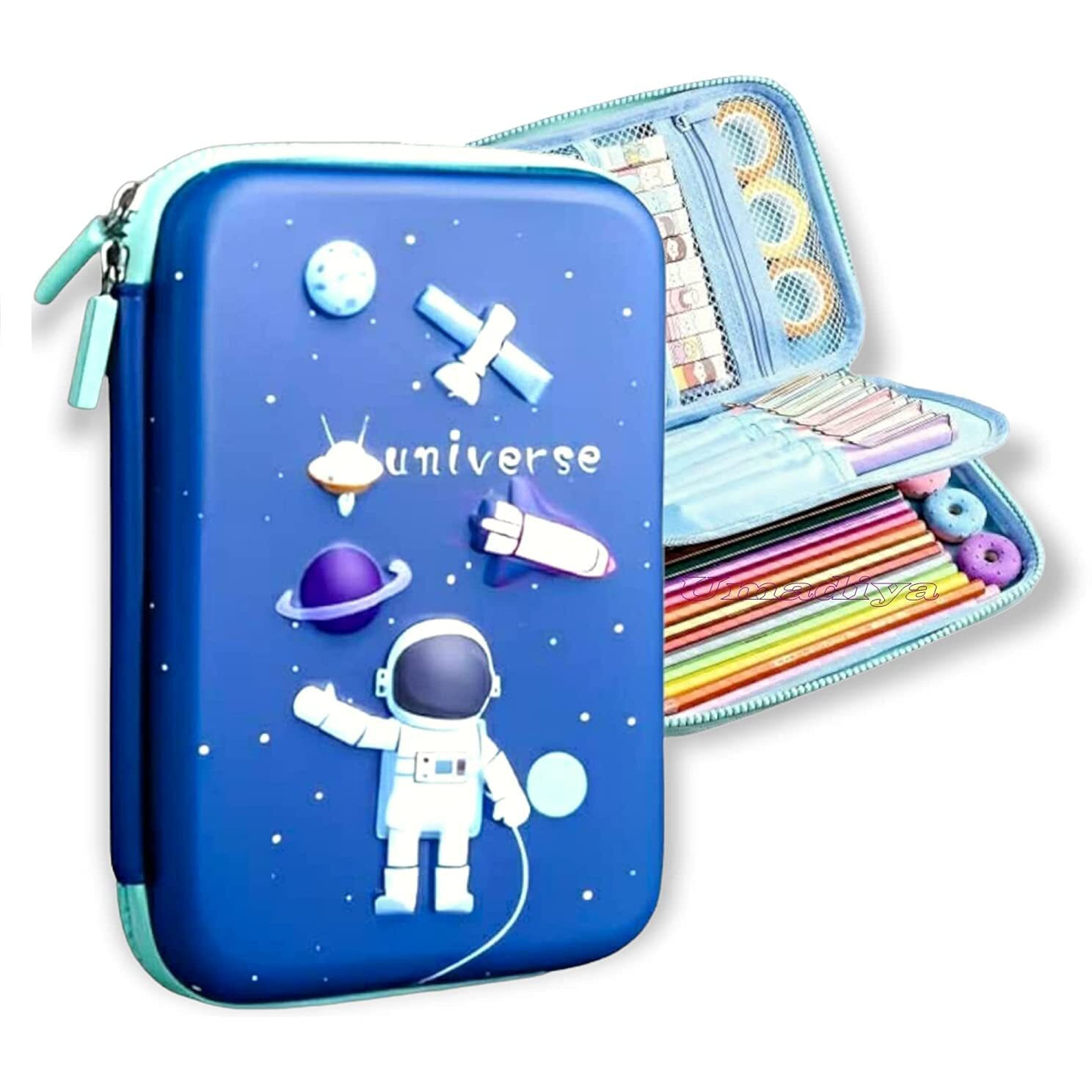 Kiddie Galaxia Branded 3D Space Design Embossed Eva Cover Pencil Case With Compartments, School Supply Organizer For Students, Stationery Box, Cosmetic Zip Pouch Bag (1 Unit, Canvas, Multicolor)