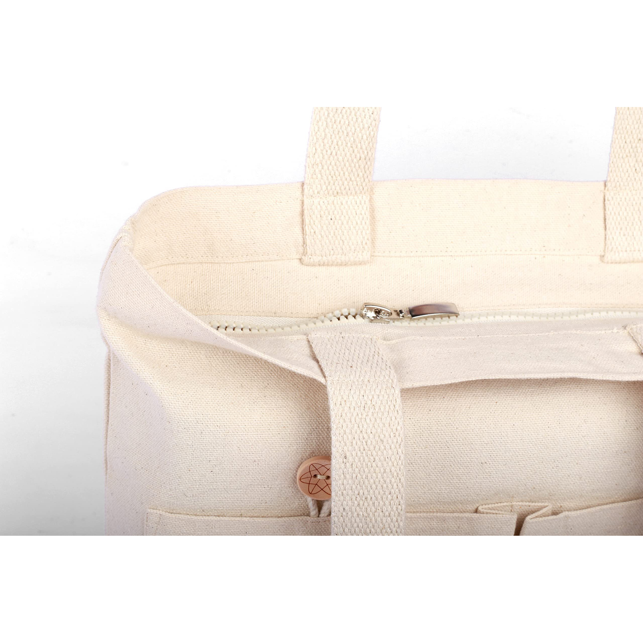 Harry Kritz Womens Vertical Stylish Zipper Bag 100% Organic Cotton Canvas Tote For College & Daily Use, Beige