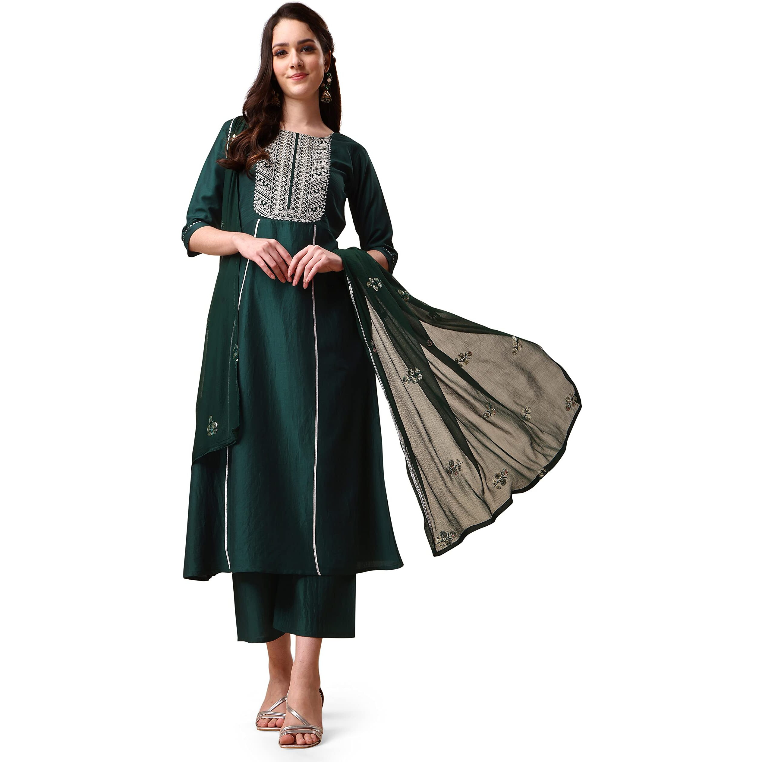 Ethnicjunction Women's Silk Embroidered Thread Work Chinon A-Line Kurta Pant With Dupatta Bottle Green