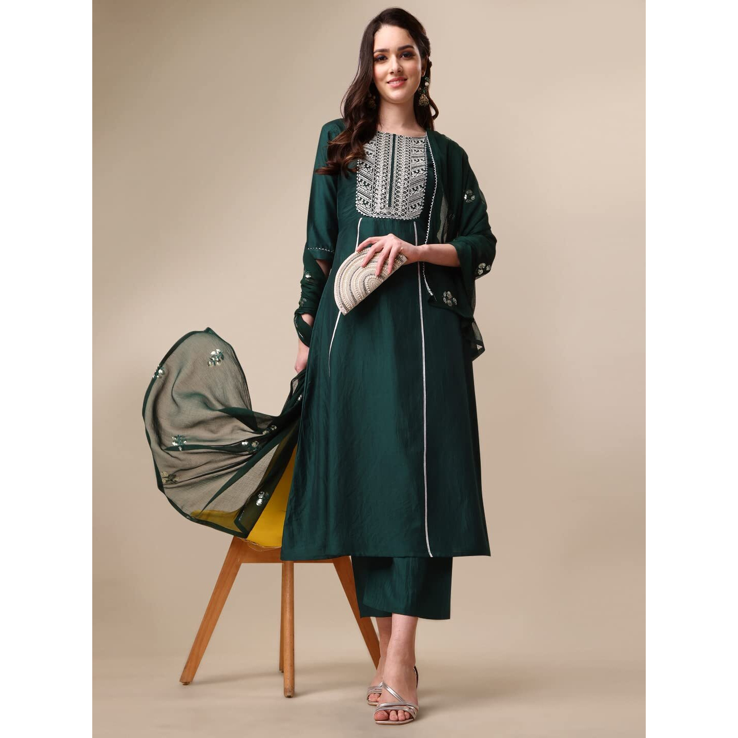 Ethnicjunction Women's Silk Embroidered Thread Work Chinon A-Line Kurta Pant With Dupatta Bottle Green