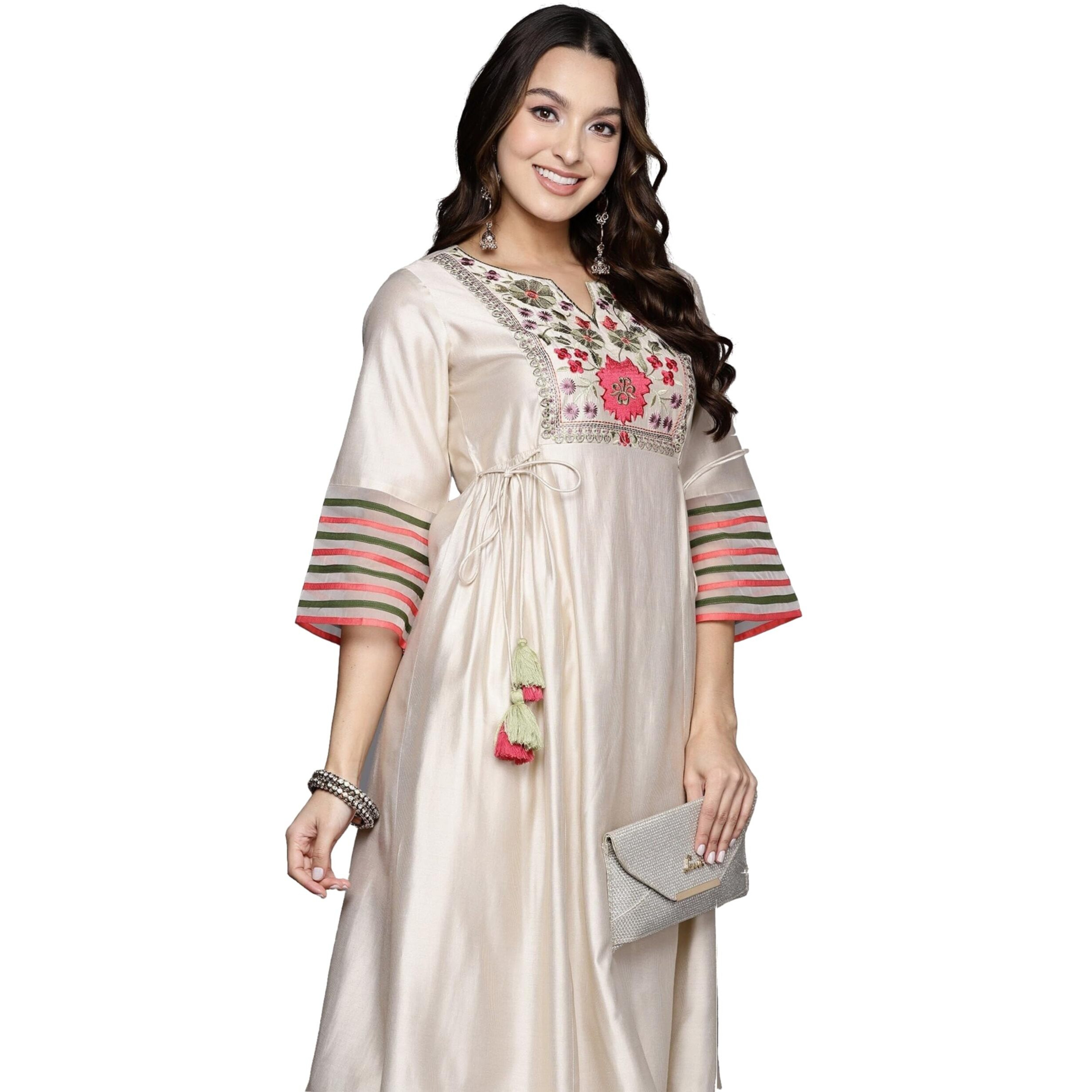 Indo Era Rayon Women's Liva Embroidered A-Line Kurta Set (Ks9Wh4918Xl_White_Xl-Size, Regular Fit)