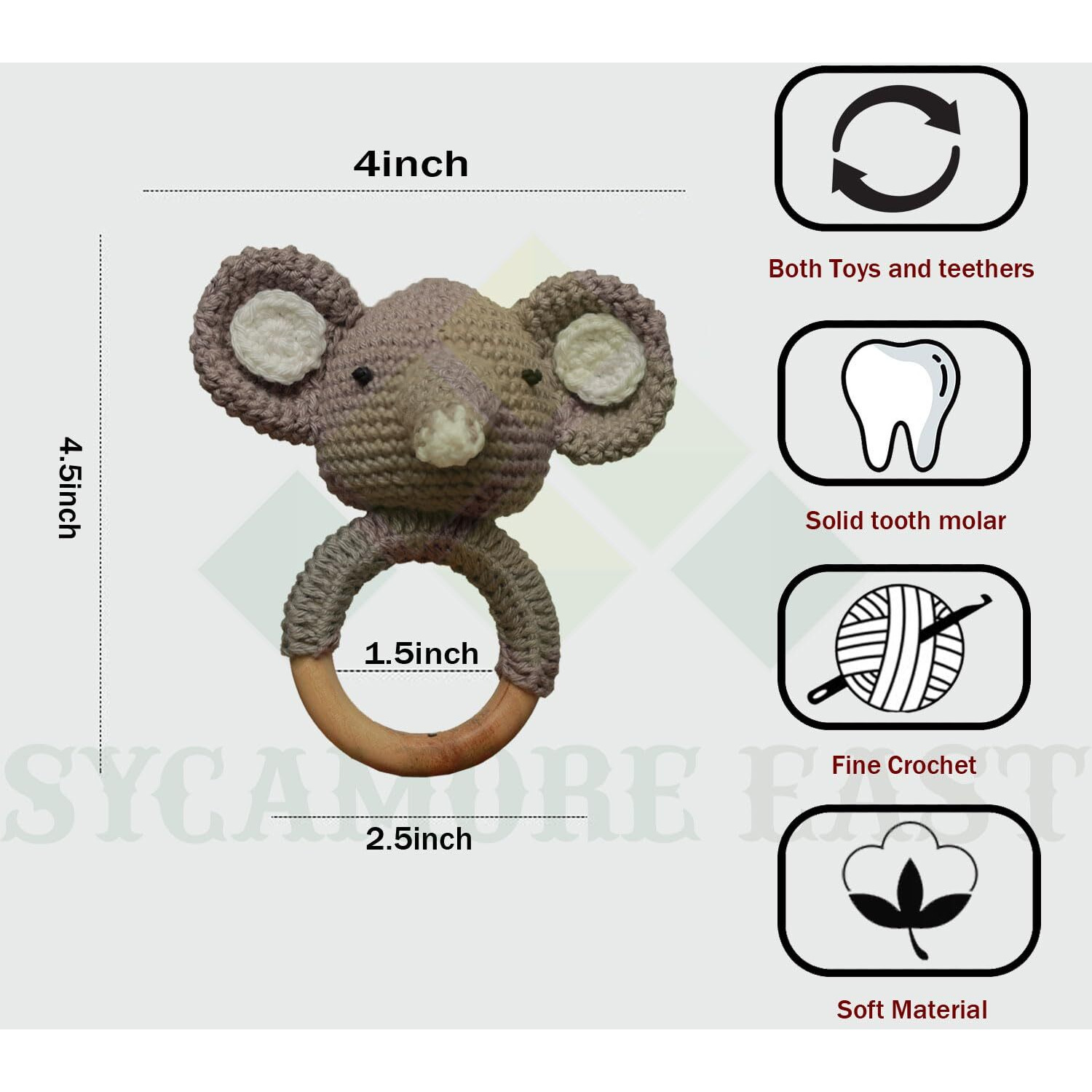Sycamore East Wood Baby Rattle For Newborn, Crochet Bunny Rattle Toy Natural Wool, Music Shaker Rattle For Hand Grips, Boy Girl First Rattle Gift Eliphant