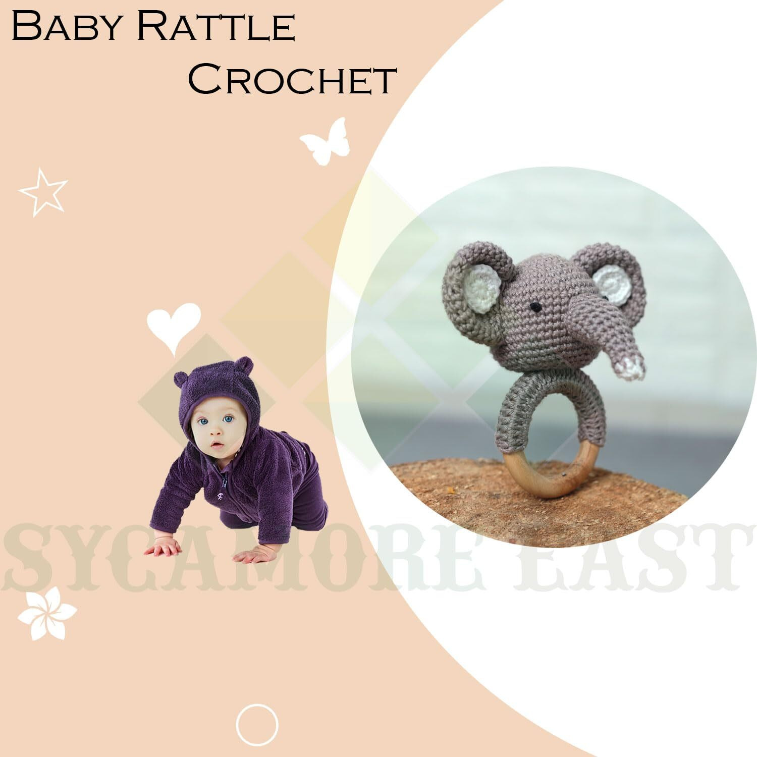 Sycamore East Wood Baby Rattle For Newborn, Crochet Bunny Rattle Toy Natural Wool, Music Shaker Rattle For Hand Grips, Boy Girl First Rattle Gift Eliphant