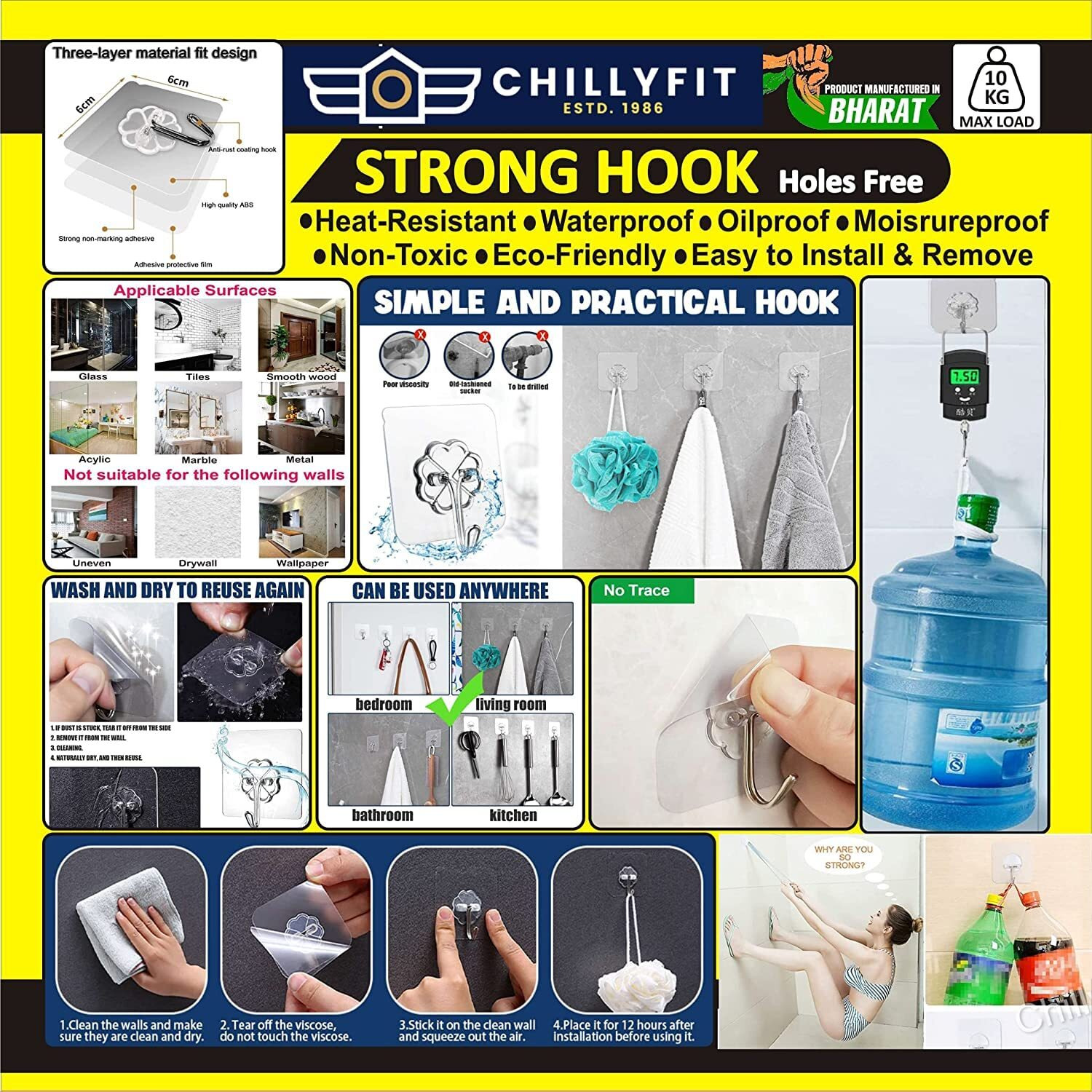 Chillyfit Polyvinyl Chloride Wall Hooks For Hanging Strong, 5 Pack Adhesive Hooks For Wall Heavy Duty, Self Adhesive Hook, Wall Hangings, Kitchen Accessories Items, Clothes Hanging, Transparent