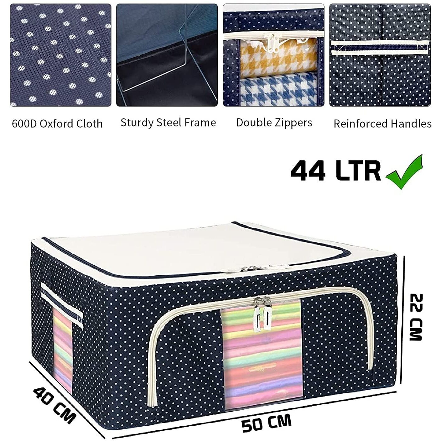 Costem Acrylonitrile Butadiene Styrene Clothes Storage Box Foldable Steel Frame Clothes Organizer Storage Box For Wardrobe, Saree, Shirts, And Blankets (66 Ltr - Pack Of 1) (44 Ltr Pack Of 4)