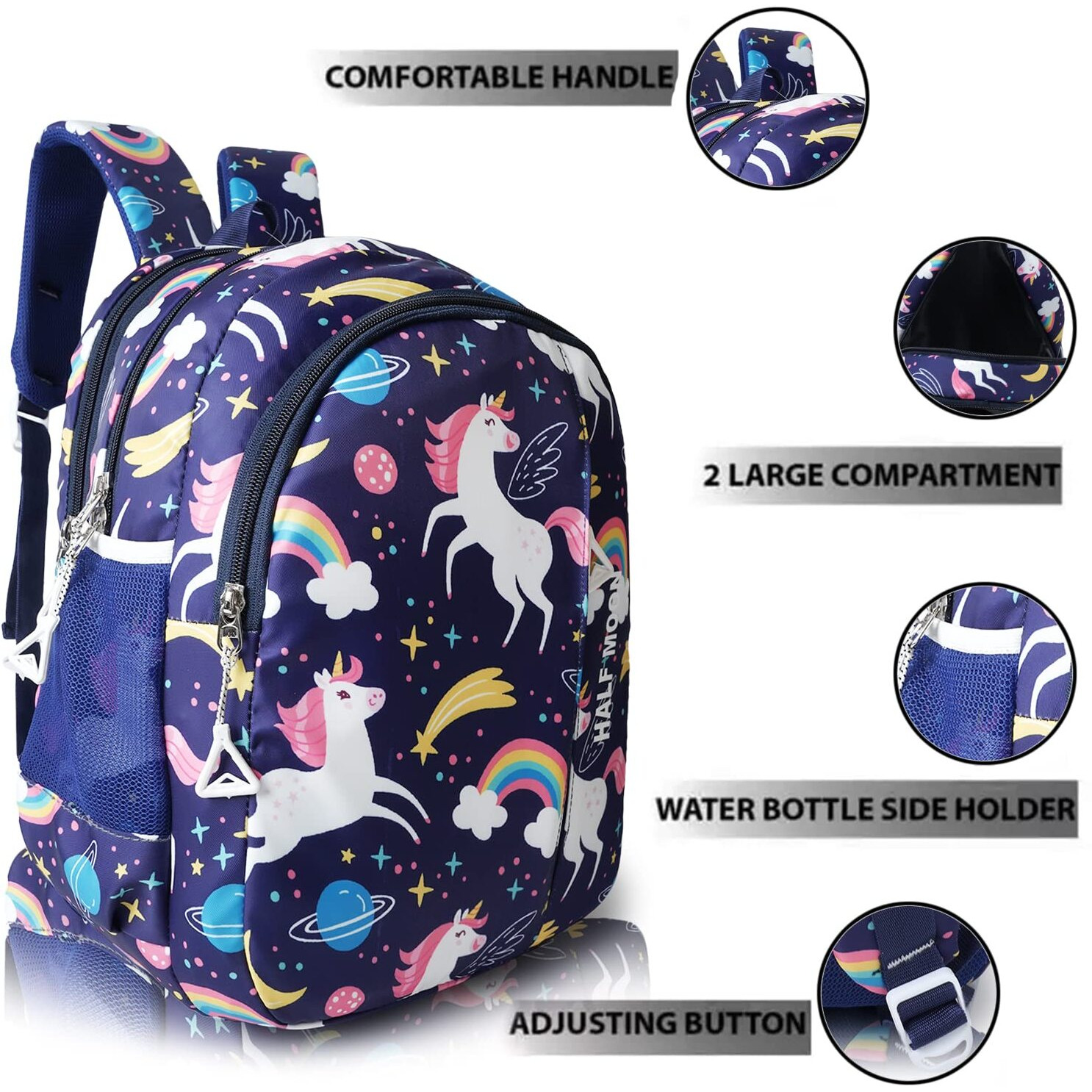 Half Moon Unicorn Pre Nursery To Class 2 Unisex School Bags For Kids Boys Girls Bag/Backpack For Men Women Nursery School Bagpack Daypack Picnic Back Pack For School Going Boys & Girls (Blue)