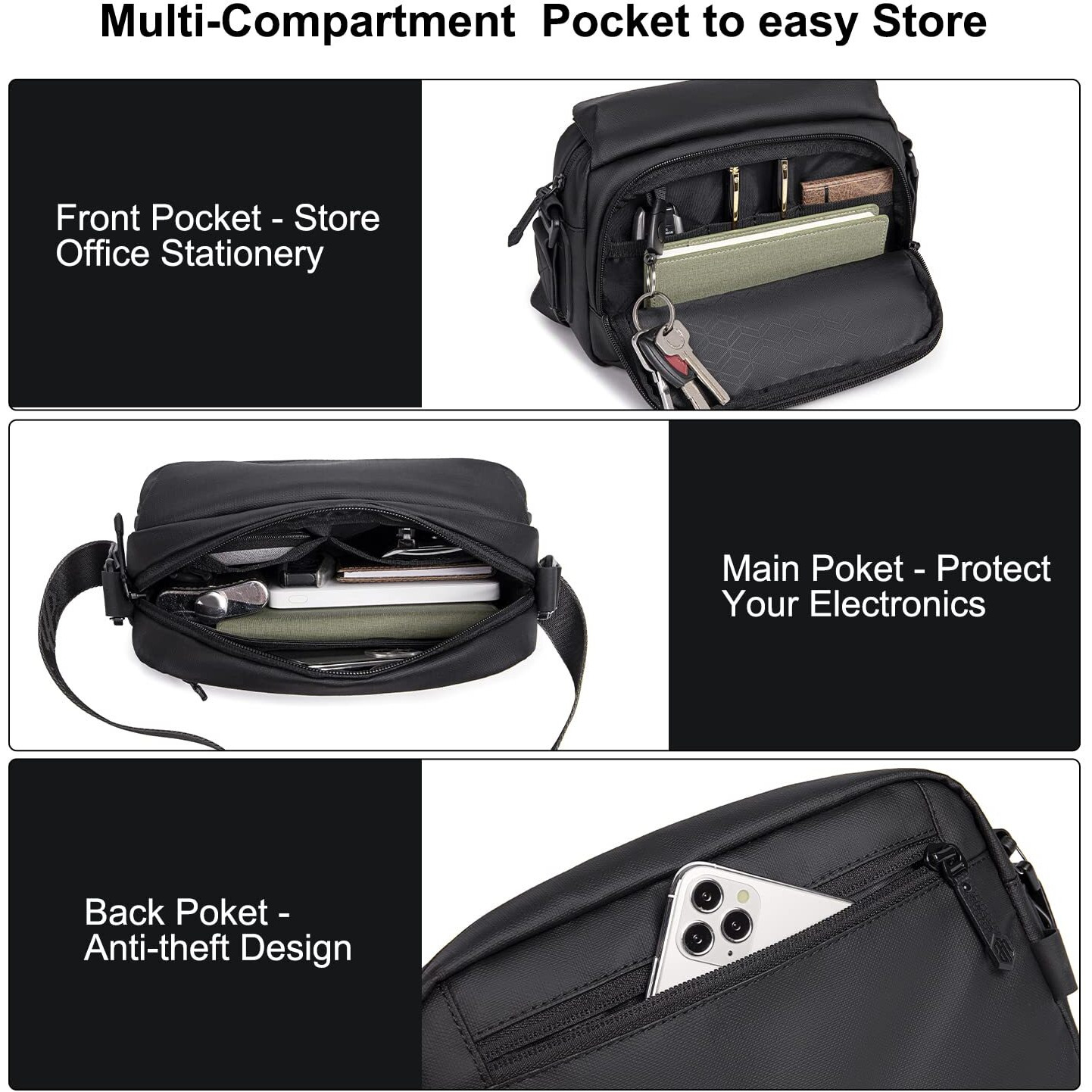 Arctic Hunter Sling Bag For Men Small Side Bag Stylish Messenger Bag For Upto 8" Ipad Premium Shoulder Bag For Travel Water-Resistant Crossbody Bag For Office Daily Use Casual, Black