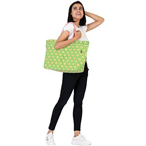 Aqva Stripe Printed Tote Bag For Women | Ladies Casual Handbag For Shopping, Travel With Top & Inner Zip Pocket | Versatile Trendy Handbag For College Girls (Chaukon Green)