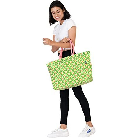 Aqva Stripe Printed Tote Bag For Women | Ladies Casual Handbag For Shopping, Travel With Top & Inner Zip Pocket | Versatile Trendy Handbag For College Girls (Chaukon Green)