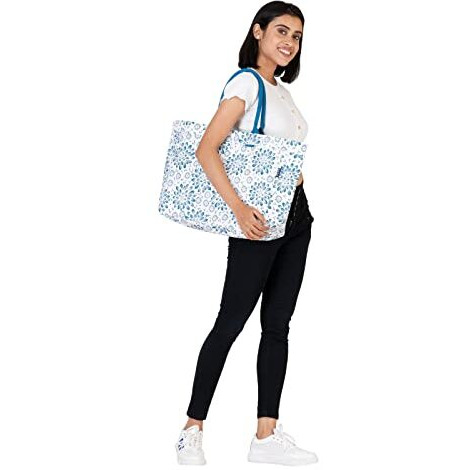 Aqva Stripe Printed Tote Bag For Women | Ladies Casual Handbag For Shopping, Travel With Top & Inner Zip Pocket | Versatile Trendy Handbag For College Girls (Custom Flower)