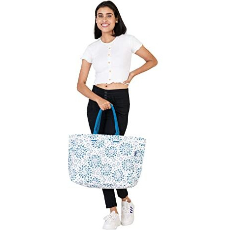 Aqva Stripe Printed Tote Bag For Women | Ladies Casual Handbag For Shopping, Travel With Top & Inner Zip Pocket | Versatile Trendy Handbag For College Girls (Custom Flower)
