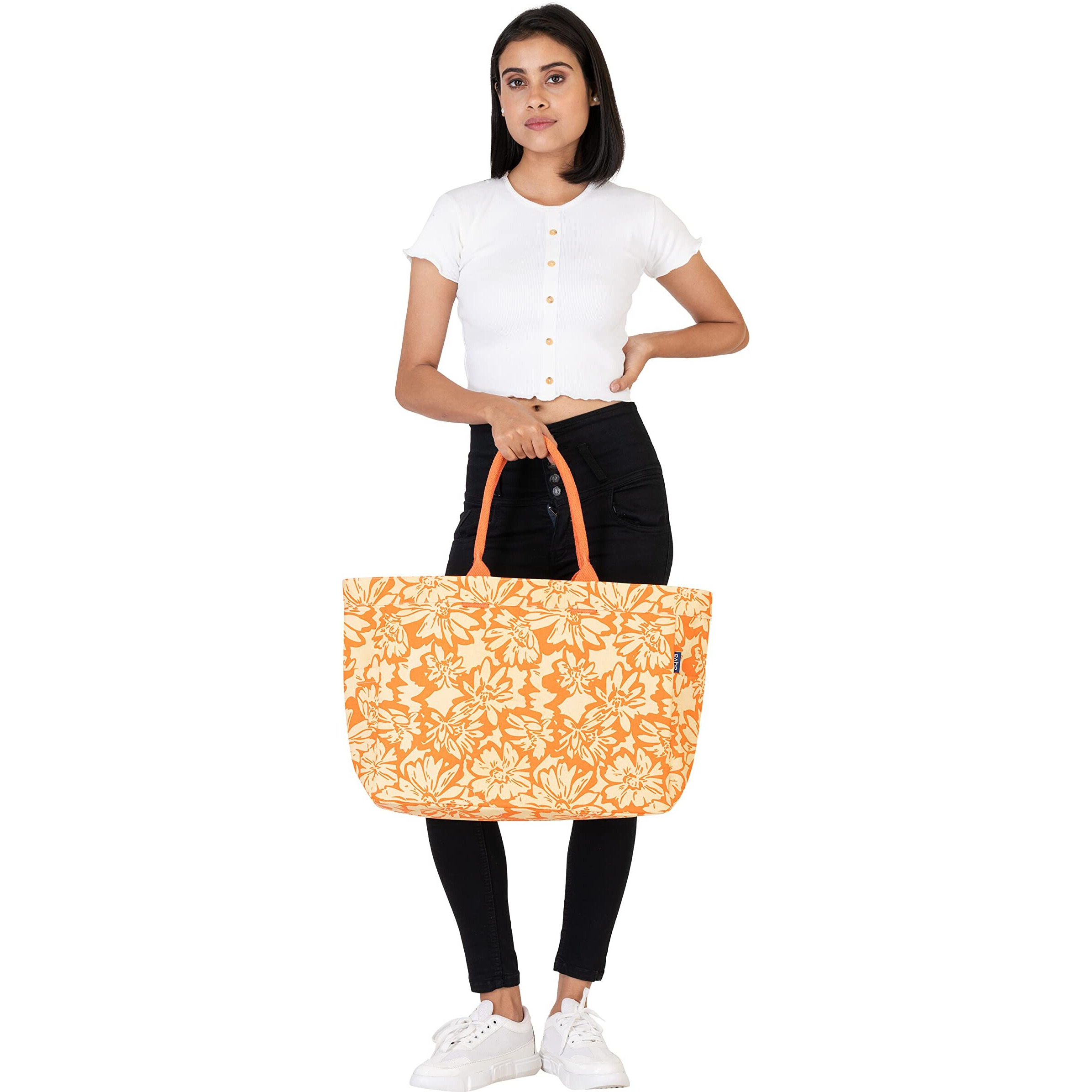 Aqva Stripe Printed Tote Bag For Women | Ladies Casual Handbag For Shopping, Travel With Top & Inner Zip Pocket | Versatile Trendy Handbag For College Girls (Phool Ecru Orange)