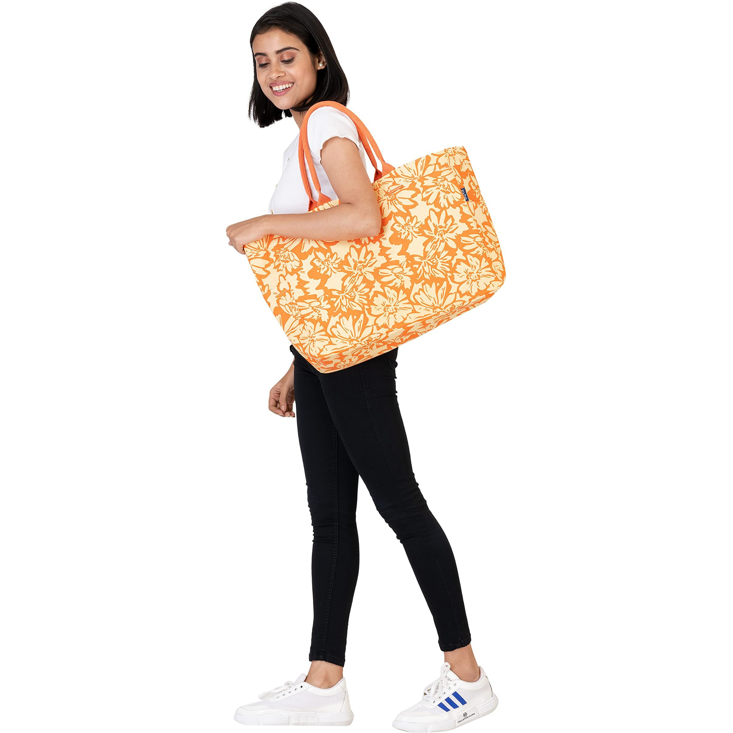 Aqva Stripe Printed Tote Bag For Women | Ladies Casual Handbag For Shopping, Travel With Top & Inner Zip Pocket | Versatile Trendy Handbag For College Girls (Phool Ecru Orange)