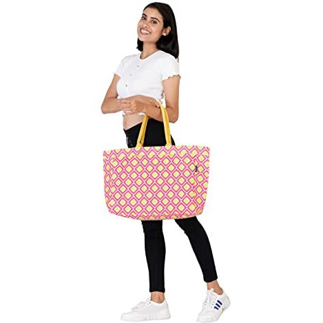 Aqva Stripe Printed Tote Bag For Women | Ladies Casual Handbag For Shopping, Travel With Top & Inner Zip Pocket | Versatile Trendy Handbag For College Girls (Chaukon Fuchsia)