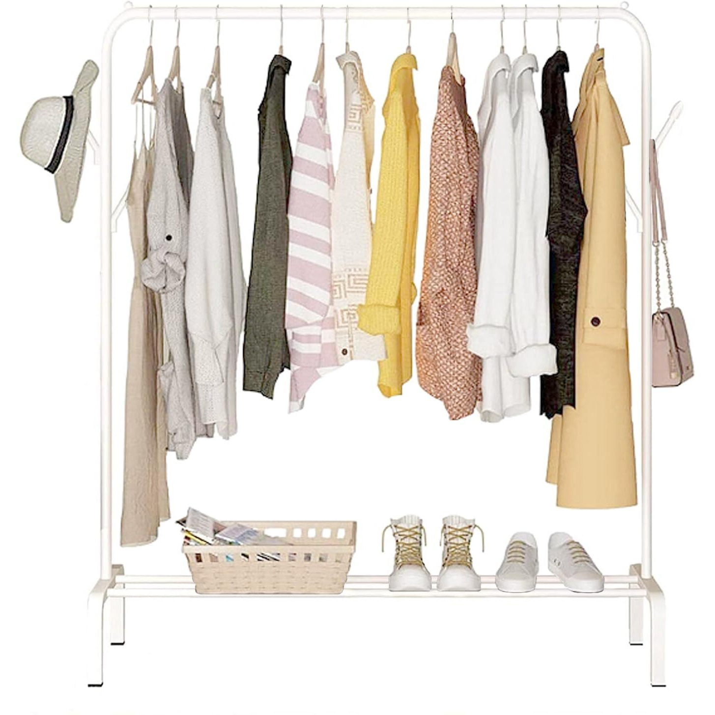 Lukzer Single Pole Coat Hanger/Cloth Stand/Garment Stand With Bottom Shelves - Metal Garment Rack For Organized Storage 4 Hook (White, 40 X 110 X 148 Cm/Mgs-001)
