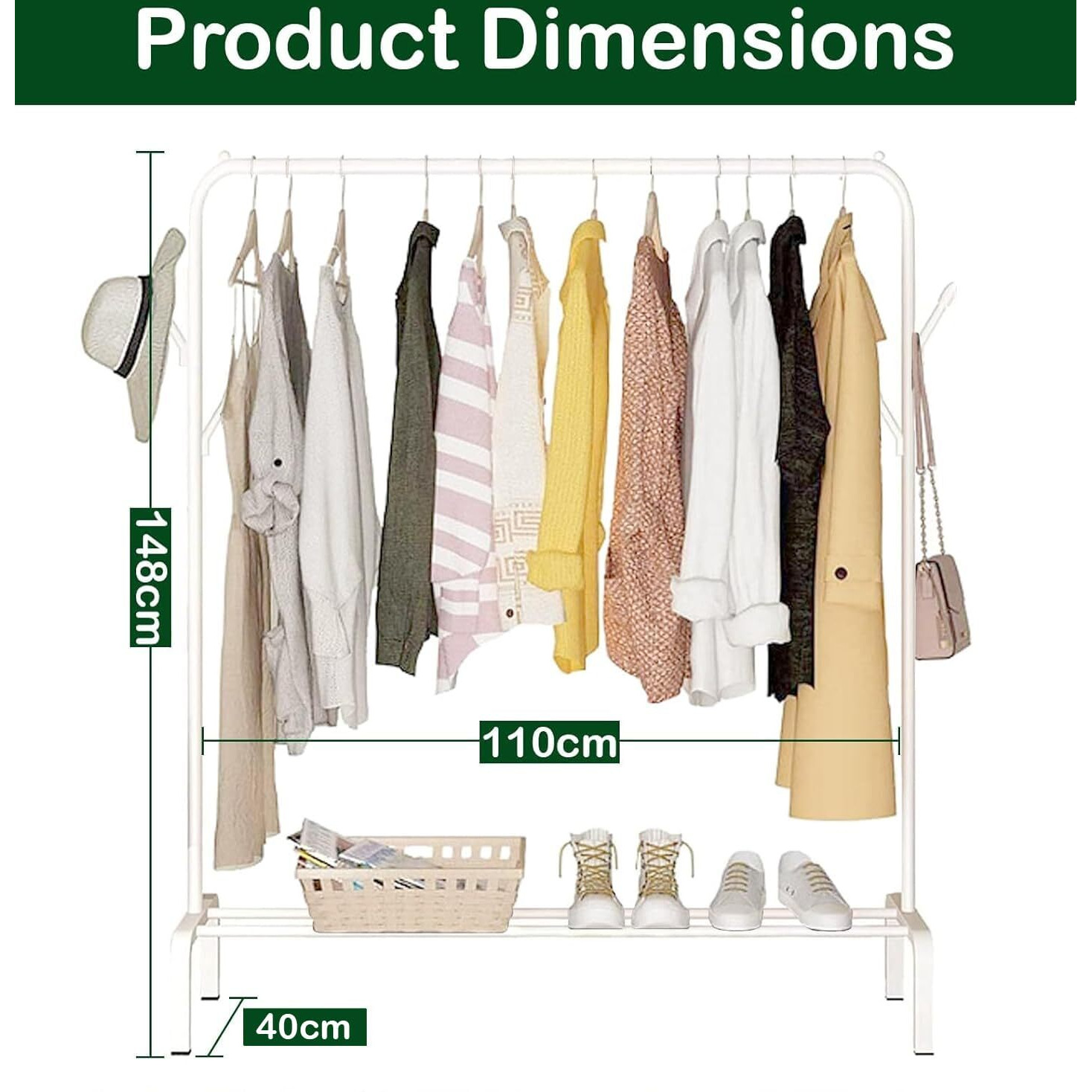 Lukzer Single Pole Coat Hanger/Cloth Stand/Garment Stand With Bottom Shelves - Metal Garment Rack For Organized Storage 4 Hook (White, 40 X 110 X 148 Cm/Mgs-001)
