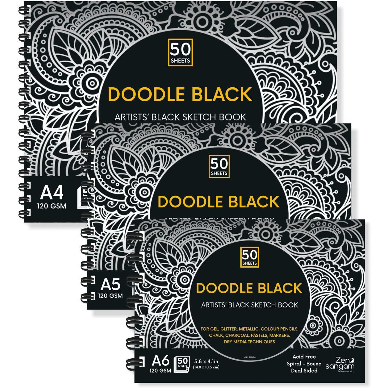 Zen Sangam Doodle Black Paper Sketchbook Drawing Note, Offer Set1 - A4(50 Sheets), A5(50 Sheets), A6(50 Sheets) - 120Gsm - Wiro Spiral Black Paper Sketch Book