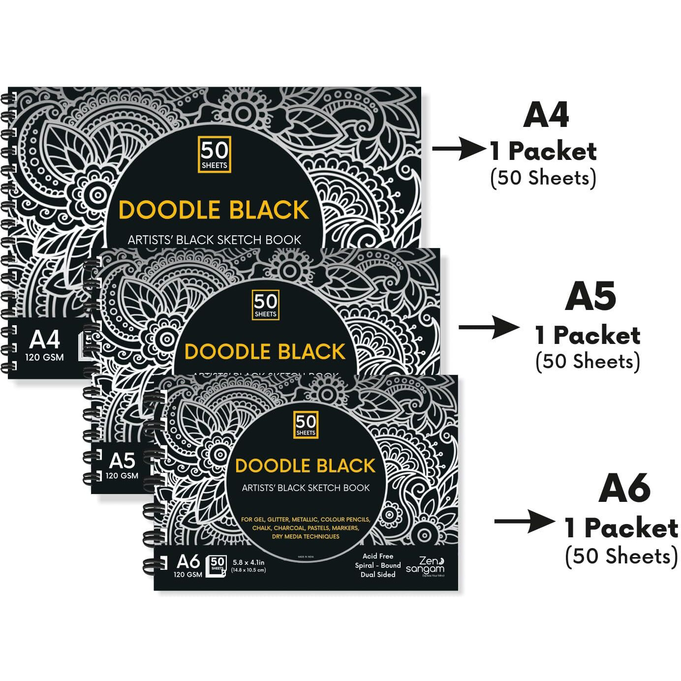 Zen Sangam Doodle Black Paper Sketchbook Drawing Note, Offer Set1 - A4(50 Sheets), A5(50 Sheets), A6(50 Sheets) - 120Gsm - Wiro Spiral Black Paper Sketch Book
