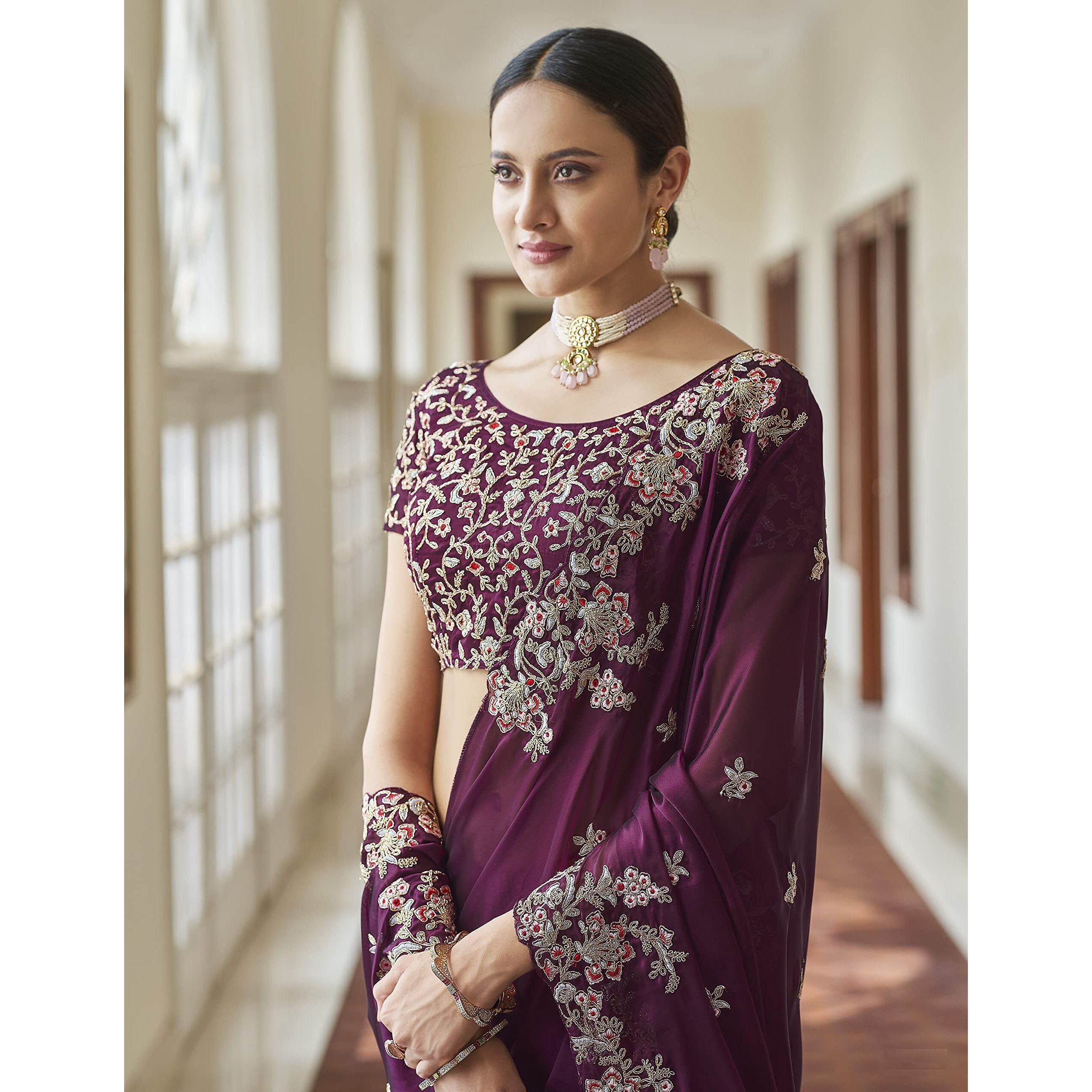 Trendmalls Women's Rangoli Silk Embroidred Saree With Unstitched Blouse Piece (K954-Purple)