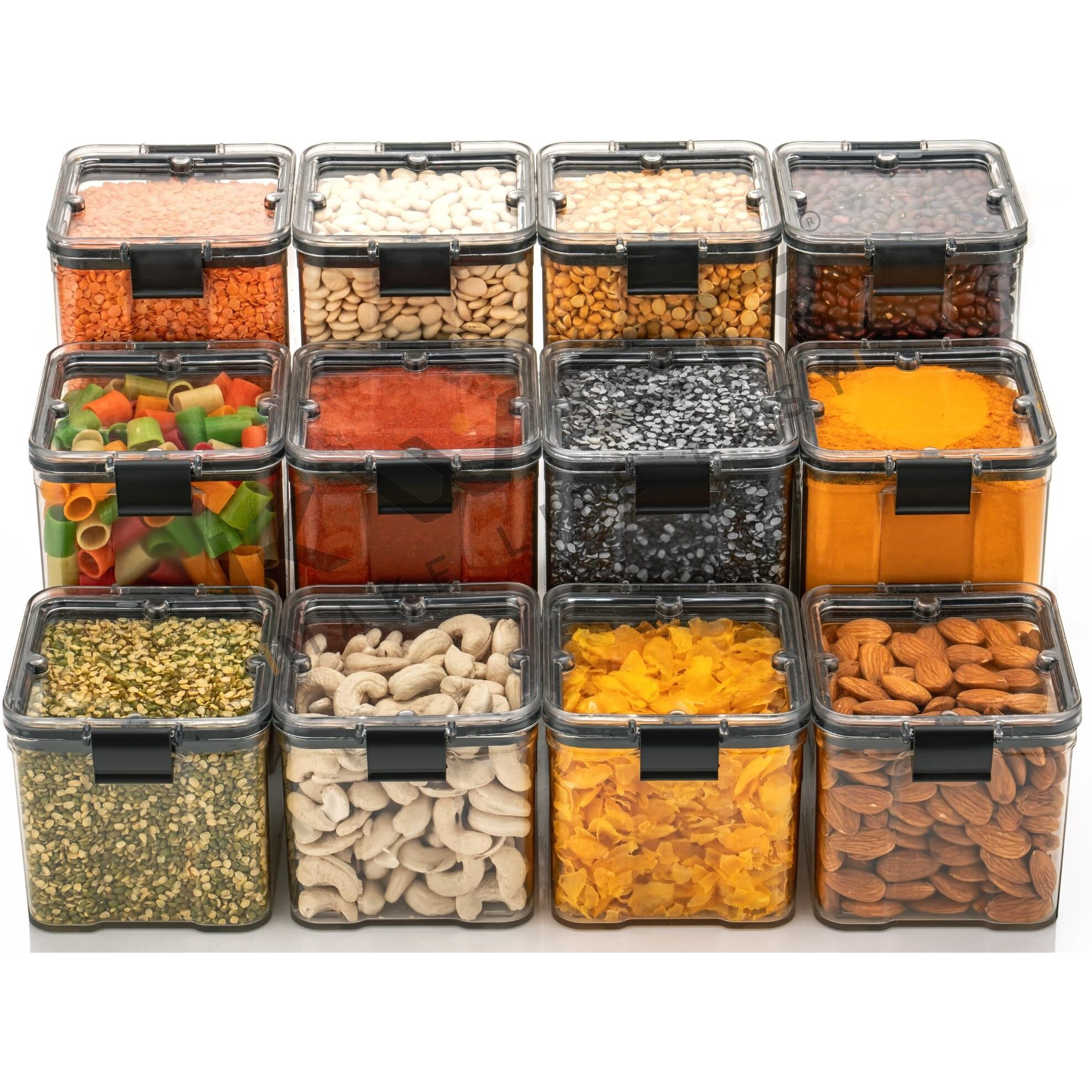 Kwer 1200-400-700-1700Ml Air Tight Container Set For Home Kitchen Items Storage Containers Set Food Containers (Plastic, Pack Of 8), Black