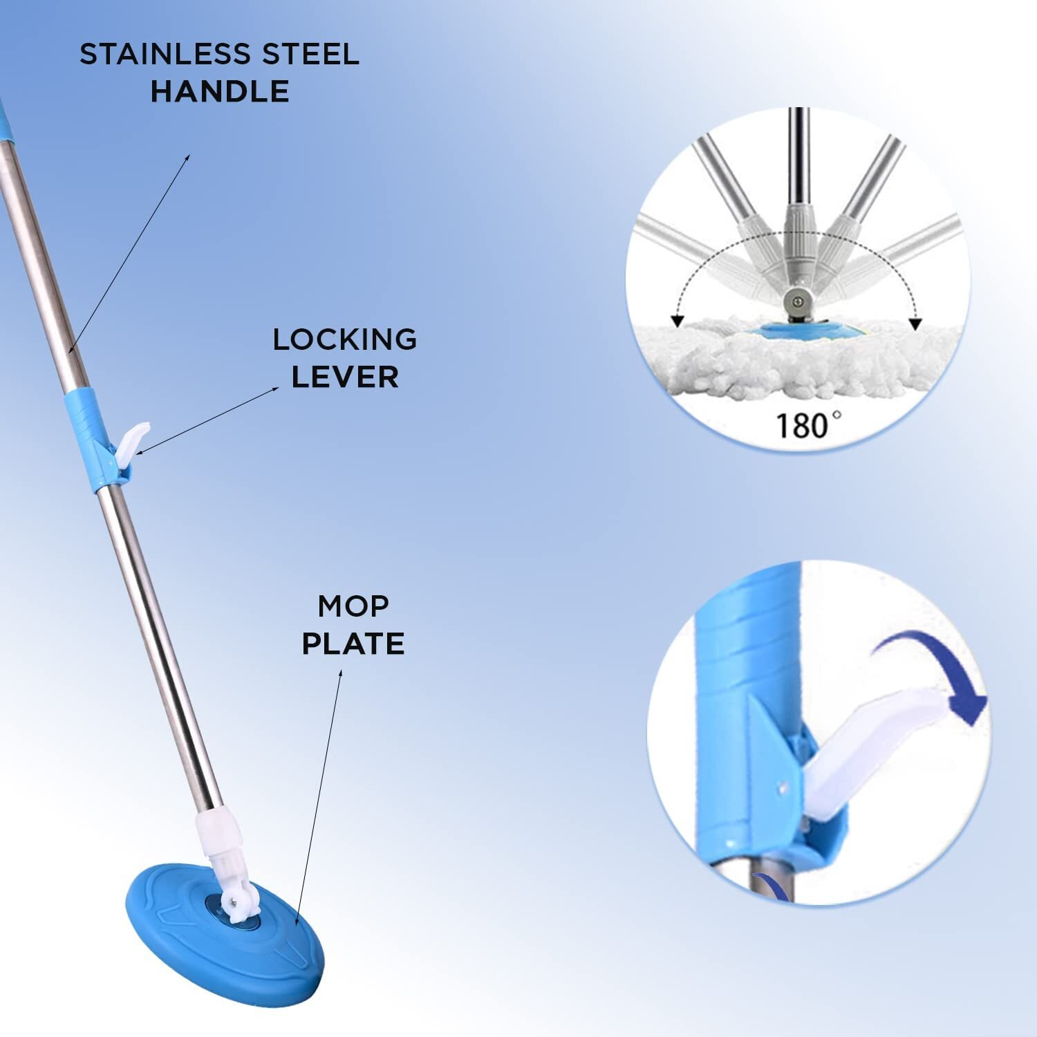 Lotspek Metal Spin Mop Stick Rod Only Without Bucket With 1 Microfiber Refill | Standing Magic Pocha With Easy Grip Handle For Floor Cleaning Supplies Product For Home, Office (Spin Mop Rod Set) Blue