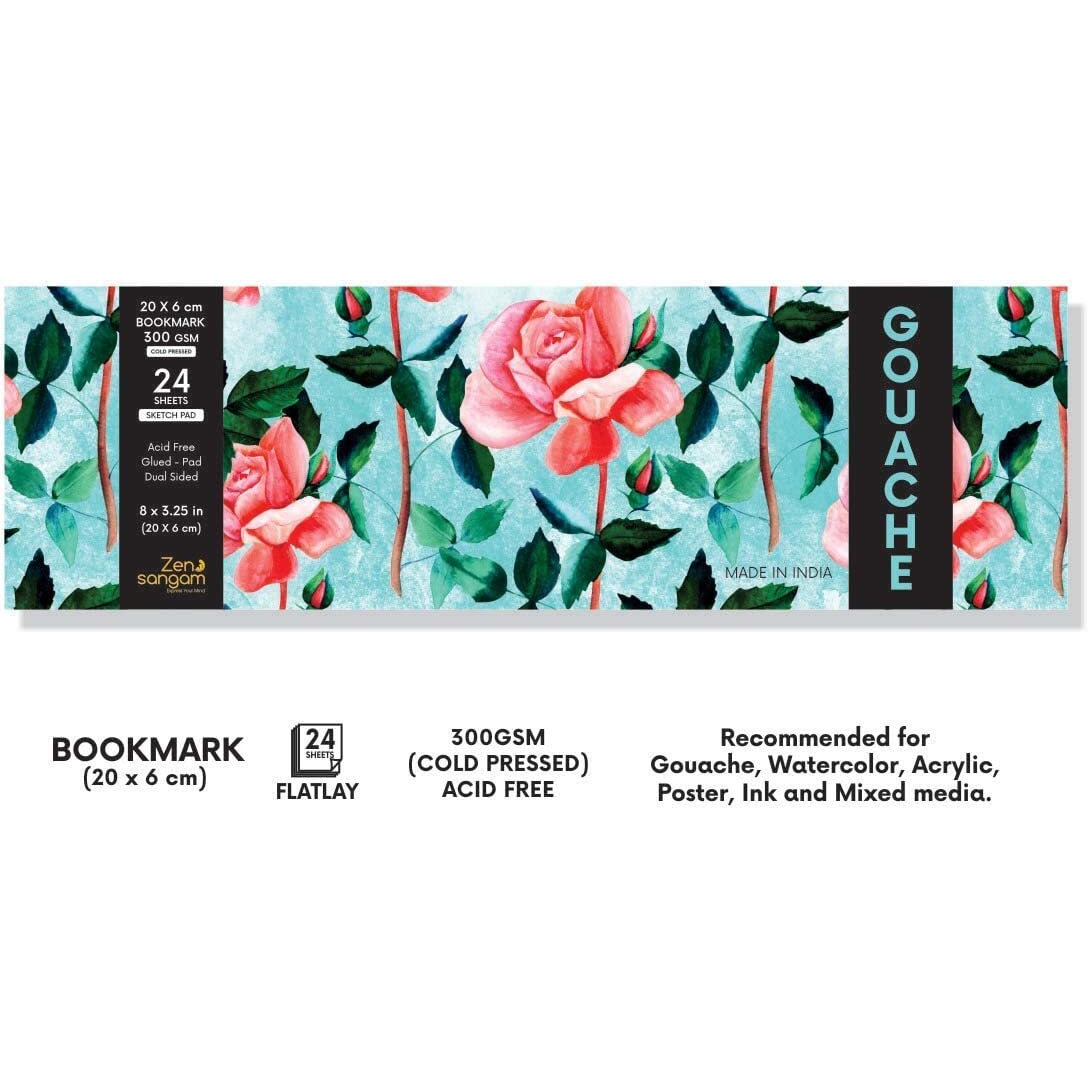 Zen Sangam Express Your Mind Bookmark Gouache Glued Sketch Paper Pad - 300 Gsm - Cold Pressed - (24 Sheets) - Rough Grain Surface - Size (20X6Cm) - Gouache Book