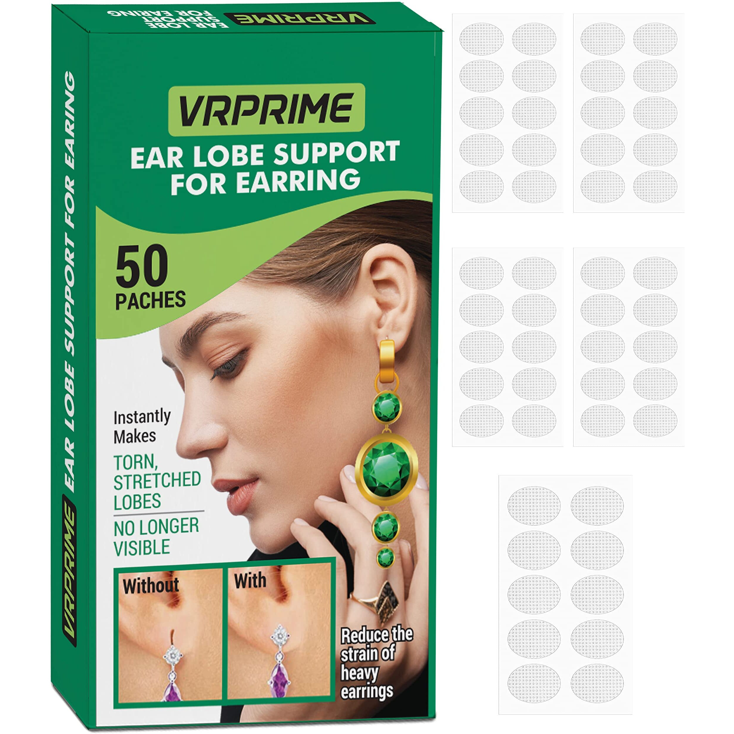 Vrprime 50 Patches Earlobe Support Patches | Earring Sticker Tape For Heavy Earrings | Transparent Ear Lobe Tapes Ear Lifts Patches For Earrings | Invisible Ear Hole Closer Tape Repairing (Pack Of 1)