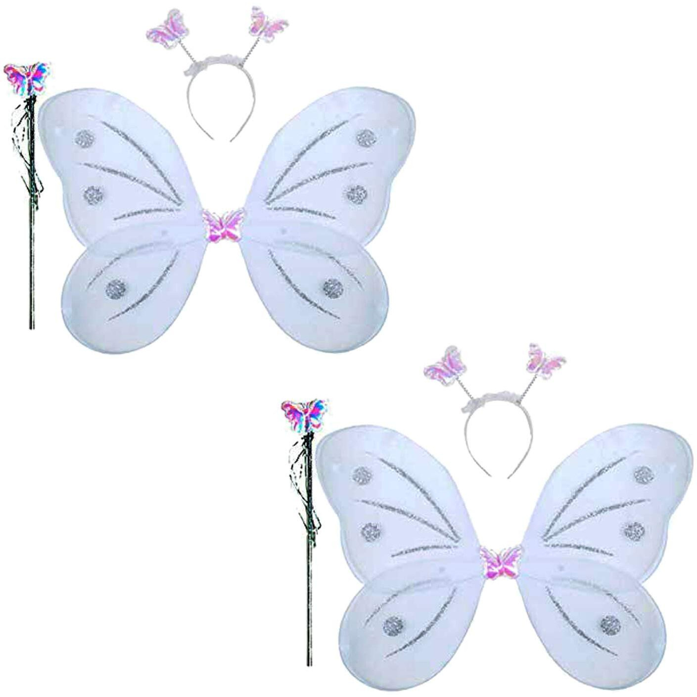 Kaku Fancy Dresses Polyester White Butterfly Wings With Hairband And Wand Stick For Girls - Pack Of 2