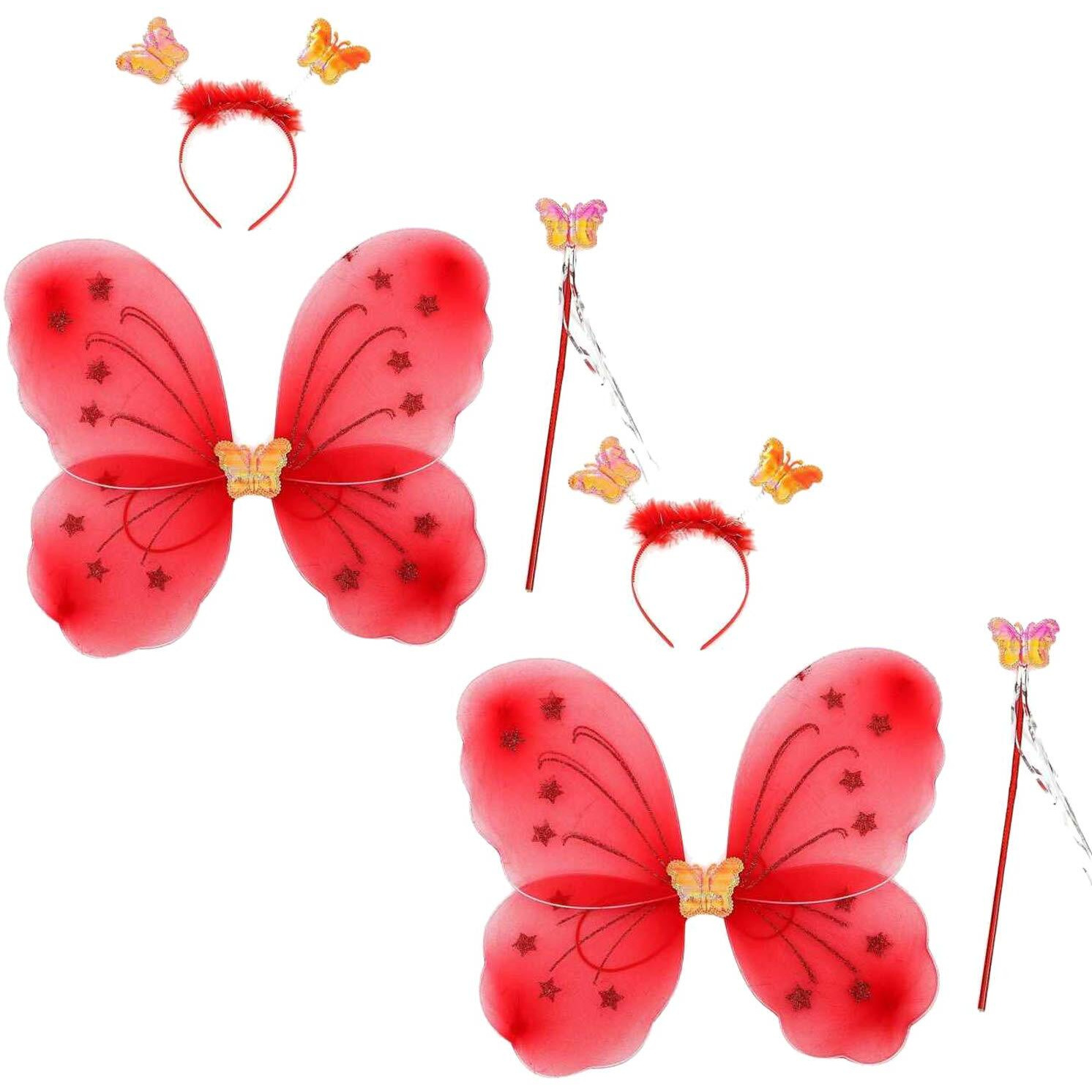Kaku Fancy Dresses Polyester Red Butterfly Wings With Hairband And Wand Stick For Girls - Pack Of 2