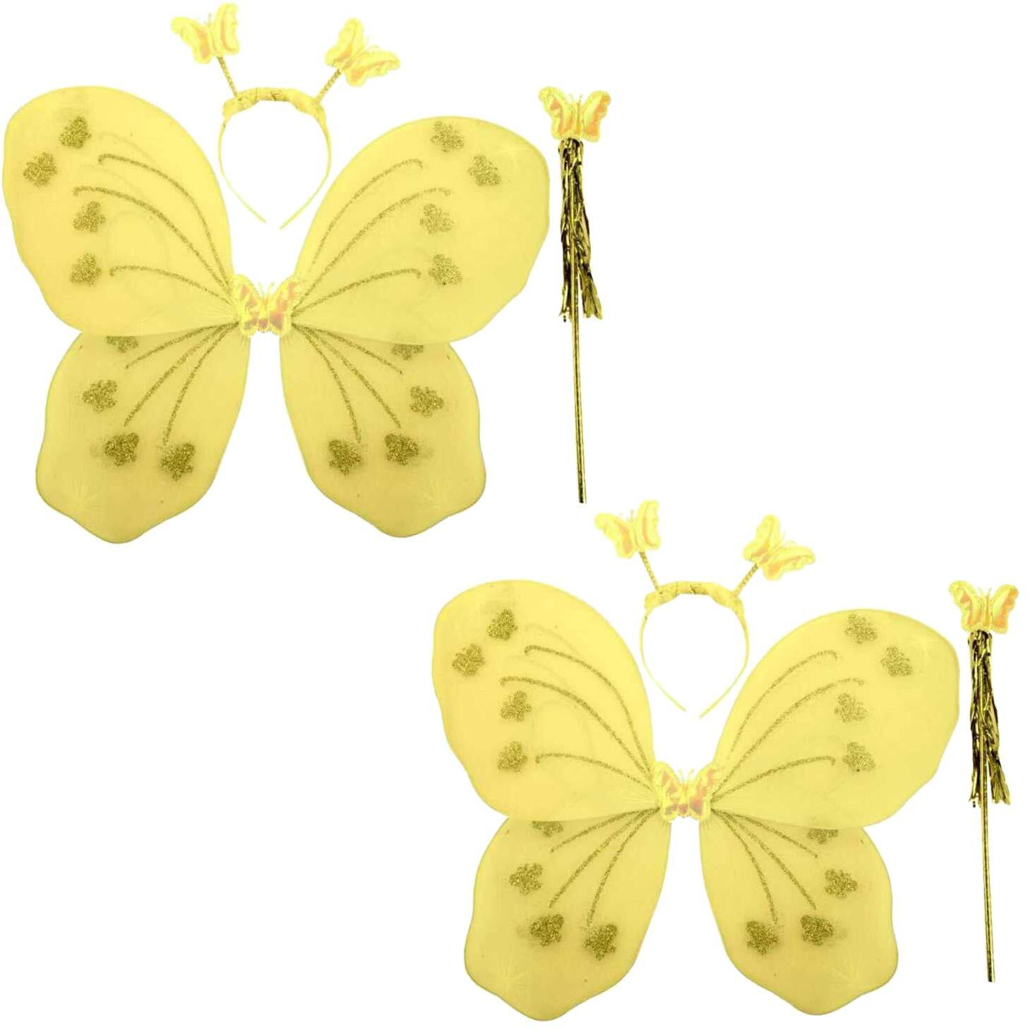 Kaku Fancy Dresses Polyester Yellow Butterfly Wings With Hairband And Wand Stick For Girls - Pack Of 2