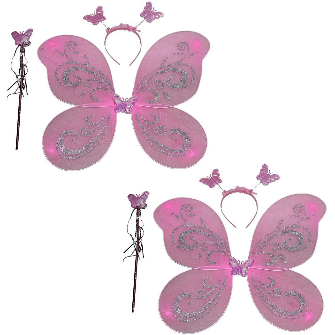 Kaku Fancy Dresses Polyester Pink Butterfly Wings With Hairband And Wand Stick For Girls-Pack Of 2
