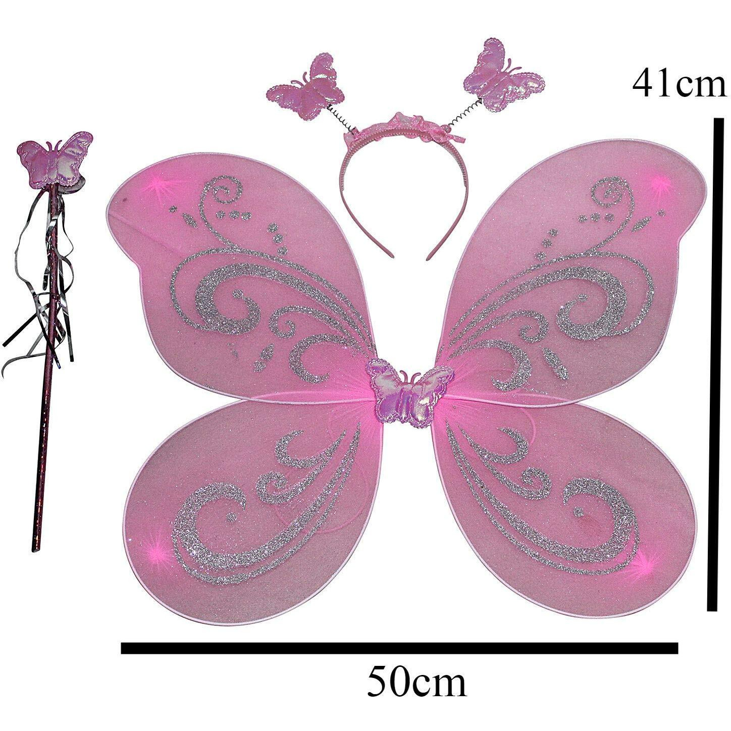 Kaku Fancy Dresses Polyester Pink Butterfly Wings With Hairband And Wand Stick For Girls-Pack Of 2